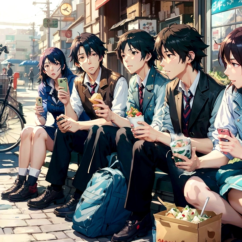 Cartoon character sitting on a bench eating food and looking at his mobile phone, everyone, ( ( Makoto Shinkai ) ), guweiz and Makoto Shinkai, by Yuumei, Gweiz-style artwork, sakimichan and Makoto Shinkai, Makoto Shinkai!, in style of Makoto Shinkai