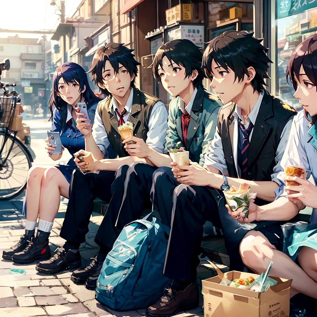 Cartoon character sitting on a bench eating food and looking at his mobile phone, everyone, ( ( Makoto Shinkai ) ), guweiz and Makoto Shinkai, by Yuumei, Gweiz-style artwork, sakimichan and Makoto Shinkai, Makoto Shinkai!, in style of Makoto Shinkai