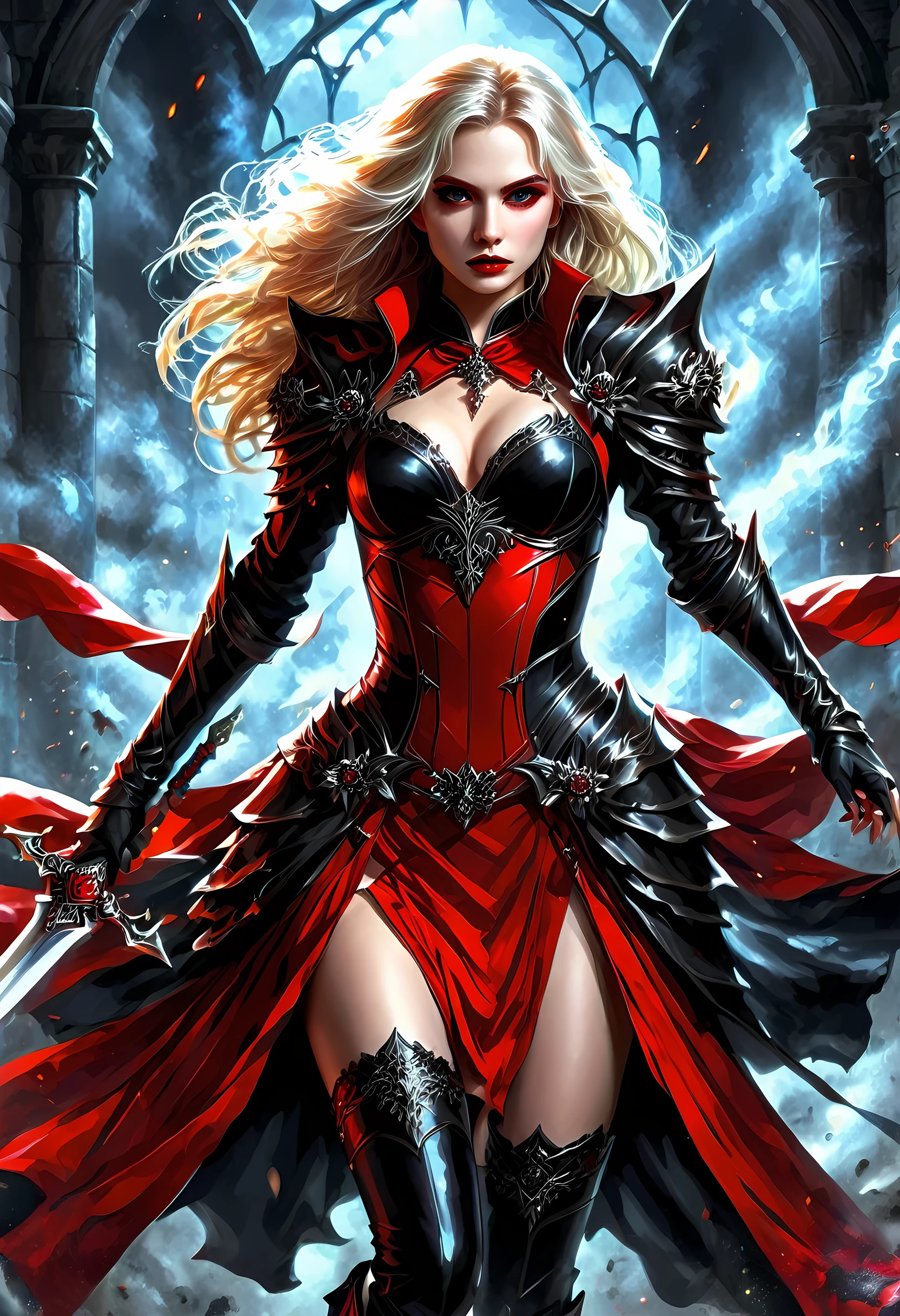 Arafed, action shot, Dark fantasy art, fantasy art, goth art, a picture of a female vampire, exquisite beauty, full body shot, dark glamour shot, pale white skin, blond hair, long hair, wavy hair, (glowing grey: 1.3) eyes, she wears a ((red: 1.3)) red tight suit, ArmoredDress, she holds a sword in hand, (ready for battle: 1.4) , ((black: 1.5))roses are imprinted on the suit, high heels, dark castle, dark, black and color, Dark Art Painting Style, flower dress, dark novel, flower dress