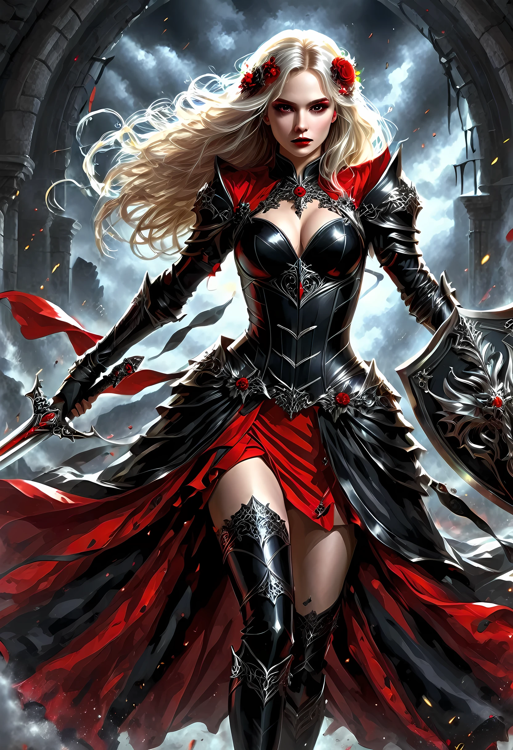 Arafed, action shot, Dark fantasy art, fantasy art, goth art, a picture of a female vampire, exquisite beauty, full body shot, dark glamour shot, pale white skin, blond hair, long hair, wavy hair, (glowing grey: 1.3) eyes, she wears a ((red: 1.3)) red tight suit, ArmoredDress, she holds a sword in hand, (ready for battle: 1.4) , ((black: 1.5))roses are imprinted on the suit, high heels, dark castle, dark, black and color, Dark Art Painting Style, flower dress, dark novel, flower dress