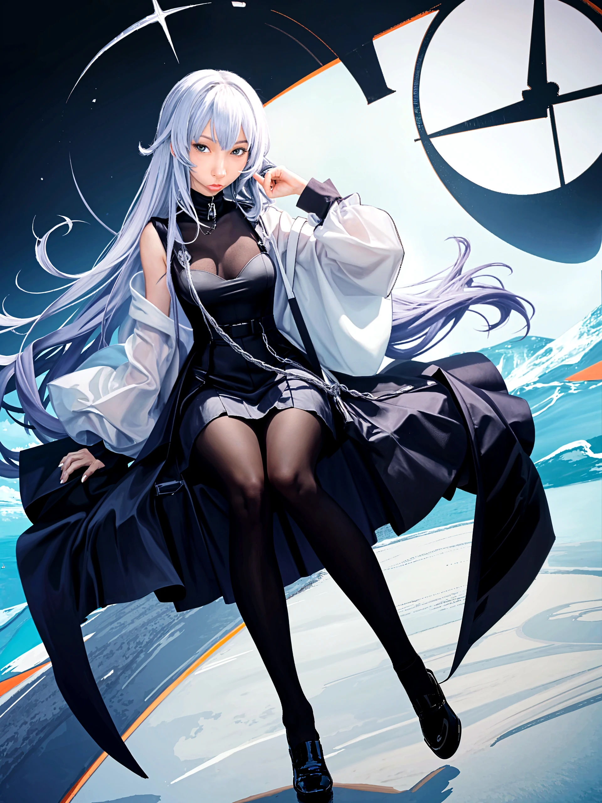 calm expression,mesmerizing eyes,Straight hair,Flowing skirt,A calm posture,Porcelain-like skin,Subtle blush,Crystal Pendant BREAK Prime Time,(edge lit):1.2,a warm color palette,sunflare,soft shade,vivd colour,painterly effect,Fantastic atmosphere BREAK scenic lake,Far Mountain,willowy,Calm water surface,Reflectors,Sunlit clouds,tranquil ambiance,Idyllic sunsets