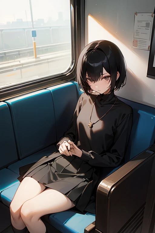 Flip out cut、beautiful girl、Short black hair、Black high neck waffle knit top、short Skirt、Black Stockings、necklace、sitting in a train seat、slender、Slender、Subtle details