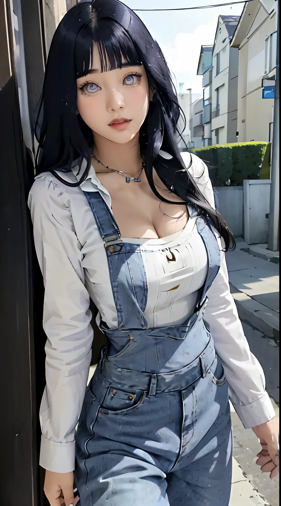 tmasterpiece， best qualityer， ultra - detailed， illustration，1girll，
long whitr hair，dark-blue hair，french braid，Purple eye，bluntbangs，cleavage，Large breasts
shirt，（jeans overalls：1.1），
mideum breasts， 
looking at viewert，hyouka/（Boruto/），Detailed lips