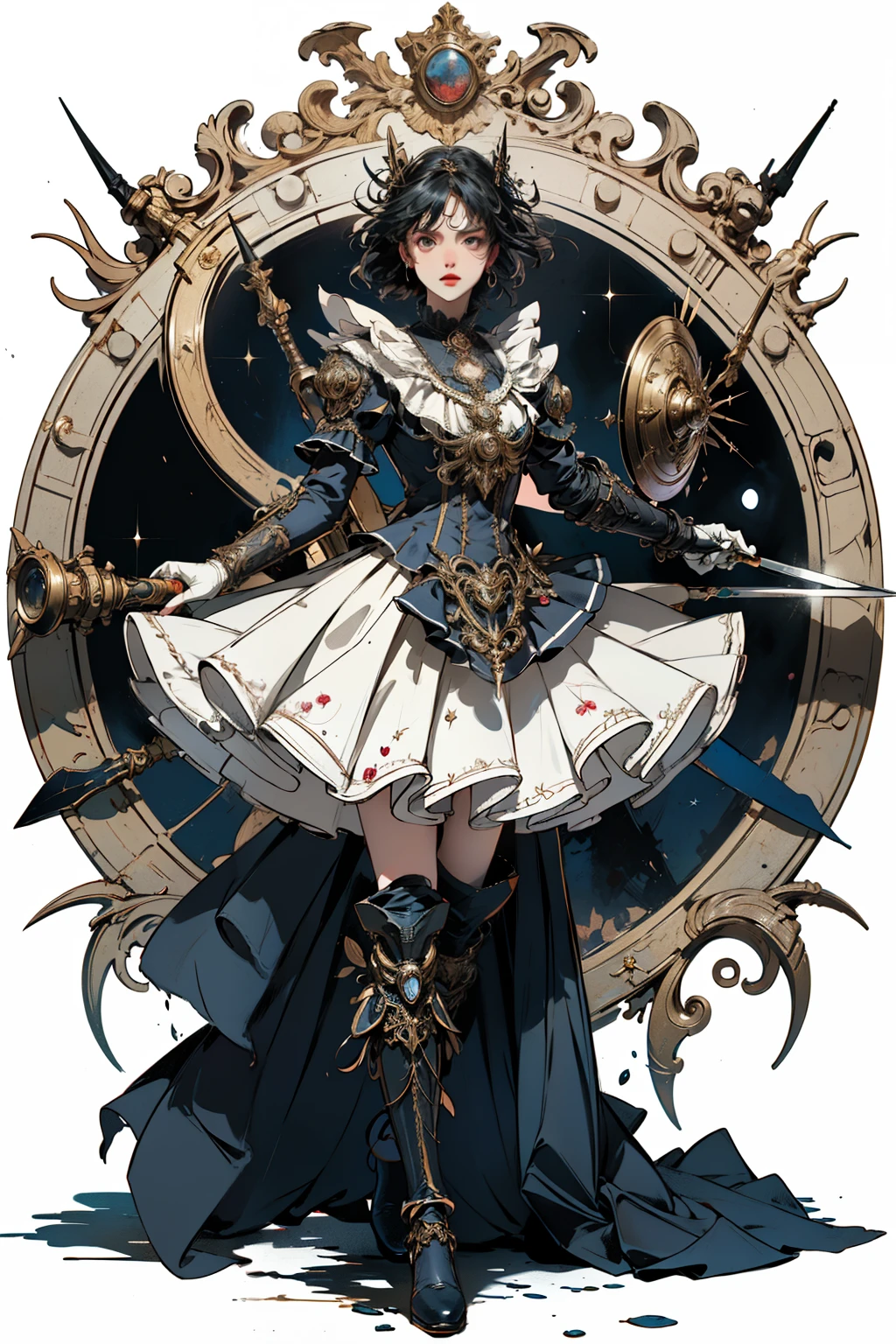 ((best quality)), ((masterpiece)), (detailed), perfect face ((best quality)), ((masterpiece)), (detailed), blank white background, plain background, white background, Bloodborne inspired, occult aesthetic, occult, detailed and intricate steampunk and detailed gothic, (zentangle, mandala, tangle, entangle), NSFW, torn clothing, Very dramatic and cinematic lighting, cosmic horror, grim-dark, side-lighting, perfect face, a beautiful goddess adorned and enshrined in armour, Bloodborne inspired , occult aesthetic , occult , detailed and intricate steampunk and detailed gothic , wielding a sword and holding a shield, NSFW, Fluttering lace flared short dress with frilly petticoats, knee length dress, pleated petticoats, ta dress, petticoats gothic loliside-lighting, gothic lolita aetic, beautiful small breasts, small breasts, full body, whole body, body, plain background, white background, blank background, no background, white background NSFW, full body, whole body, head-to-toe
