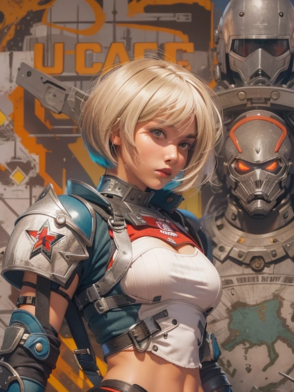 (((woman))), (((Better Quality))), (((masterpiece))), (((Adult))), (((One girl))), ((( Bob Haircut ))), ((( bonnet ))), Uma gladiadora cyberpunk woman de 25 anos com corpo perfeito, Shoulder pads with metal protrusions, Brooklyn Gladiators, (( Bob Haircut )), small leather panties, Ripped Rugby Time T-shirt, Simon Bisley's wild, urban style on the cover of Heavy Metal magazine, ????????????, Short blonde, Minimum clothing, Metallic protective gear with detailed graphics on the left arm, Dark red with white stars、White and navy checkered pattern, armor, Lots of spikes and rivets, (((From the knee up))), Short white blonde hair, In the background is an intricately designed wall painted by Shepard Fairey.