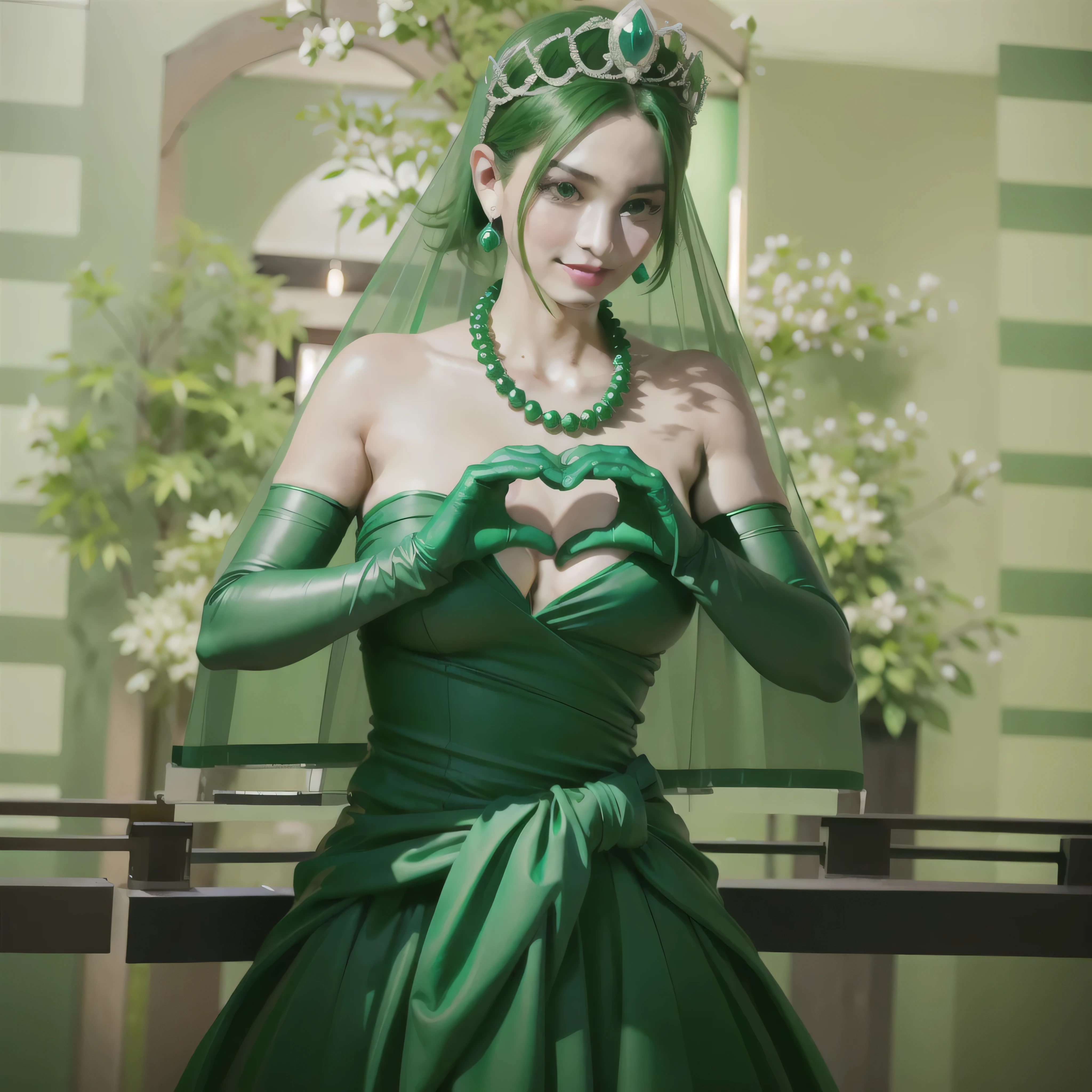 Emerald tiara, Green Pearl Necklace, Boyish very short green hair, Green Lips, Smiling Japanese woman, Very short hair, Busty beautiful lady, Green Eyes, Green satin long gloves, Green Eyes, Emerald Earrings, Green veil, Heart with both hands, Green Hair, Beautiful Japanese Women, Heart shaped hands:1.3, green lip gloss