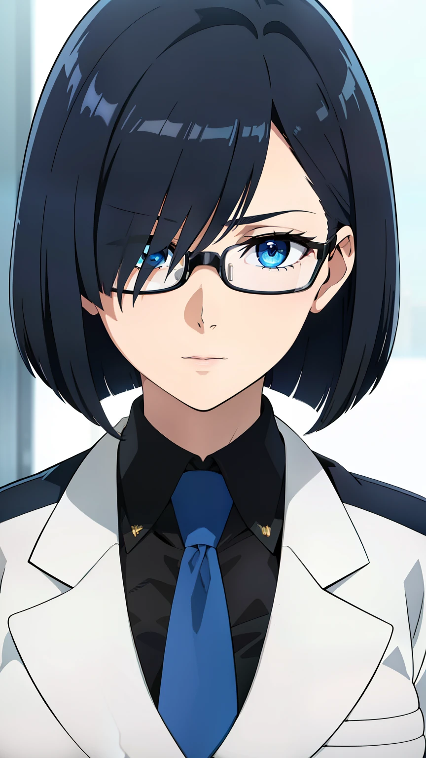 (best quality:1.5, highres, UHD, 4K, detailed eyes, detailed lighting, shaders), black hair, bob cut, hair covering one eye, cool woman, cool girl, sharp eyes, blue eyes, beautiful, large breasts, formal suit, necktie, jacket, with glasses, (pov, close shot)