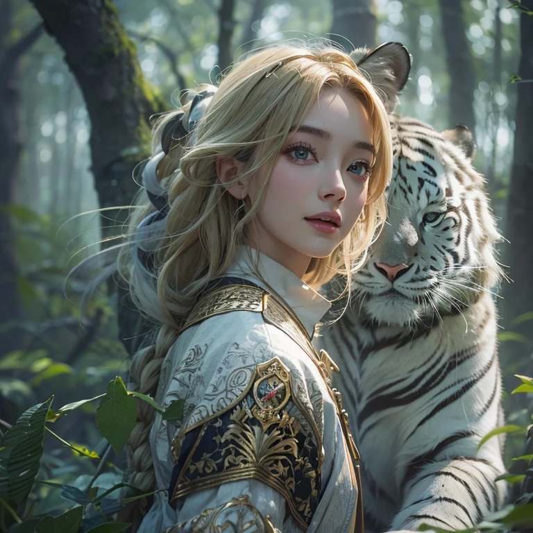 Standing in the forest、Hair flow、 ((highest quality、masterpiece、8k、Best image quality、Ultra-high resolution、Award-winning works)、(Accurate anatomy:1.1)、(Look at me and smile:1.1)、Shining fair skin with Ultra-high resolution、The most detailed face、Ultra-high resolution detailed face、Ultra-high resolutionのblond hair、(Ultra-high resolution eye:1.1)、Beautiful face drawn in every detail、Traditional Russian costume , Chest to chest, Strange atmosphere, Next to him stands a real white tiger, Dark Light, in the forest , Heavy makeup