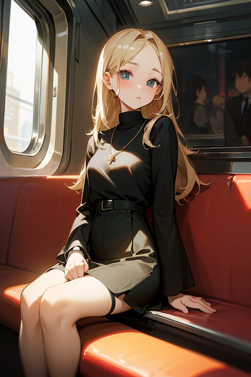 beautiful girl、Black high neck knit、Flared sleeves、Tight Skirt、Black Stockings、necklace、sitting in a train seat。Light blonde、