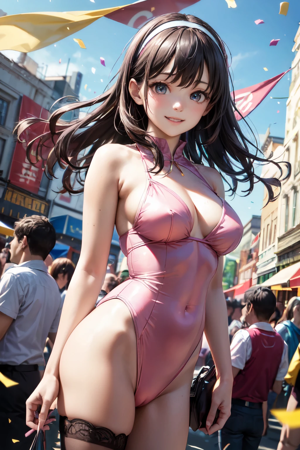 very cute and beautiful girl,(highly detailed beautiful face and eyes),(pink leotard:1.2),(sleeveless),(smile:1.2),happy,
festival in town street,(parade:1.2),(many people wearing pastel costume),flags,confetti in sky,outdoors,depth of field,
cowboy shot,standing,dynamic pose,black hair,hair band,
(best quality,masterpiece),absurdres,highres,ultra-detailed,extremely detailed,32k,8k resolution,
intricate details,cinematic scene,detailed background,solo,dynamic angle,hair fluttering in the wind,realistic,