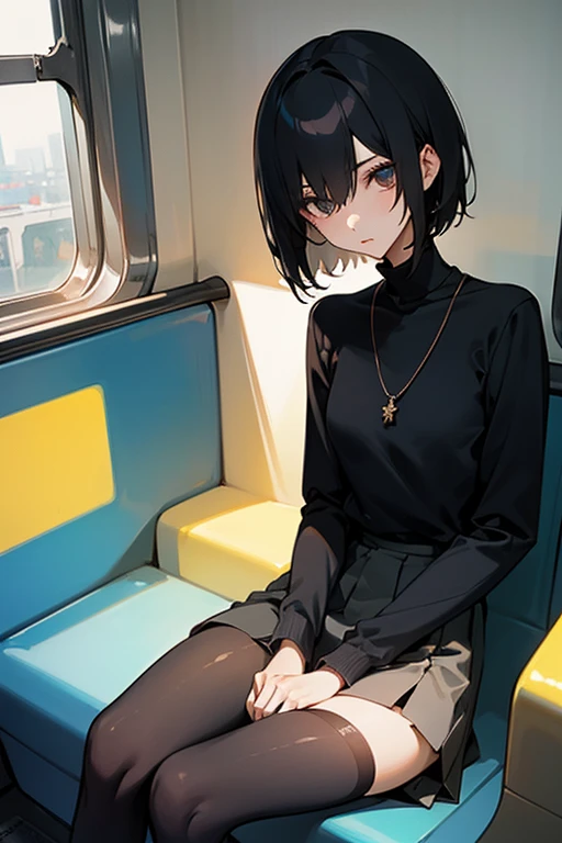 Flip out cut、beautiful girl、Short black hair、Black high neck waffle knit top、short Skirt、Black Stockings、necklace、sitting in a train seat、slender、Slender、Subtle details
