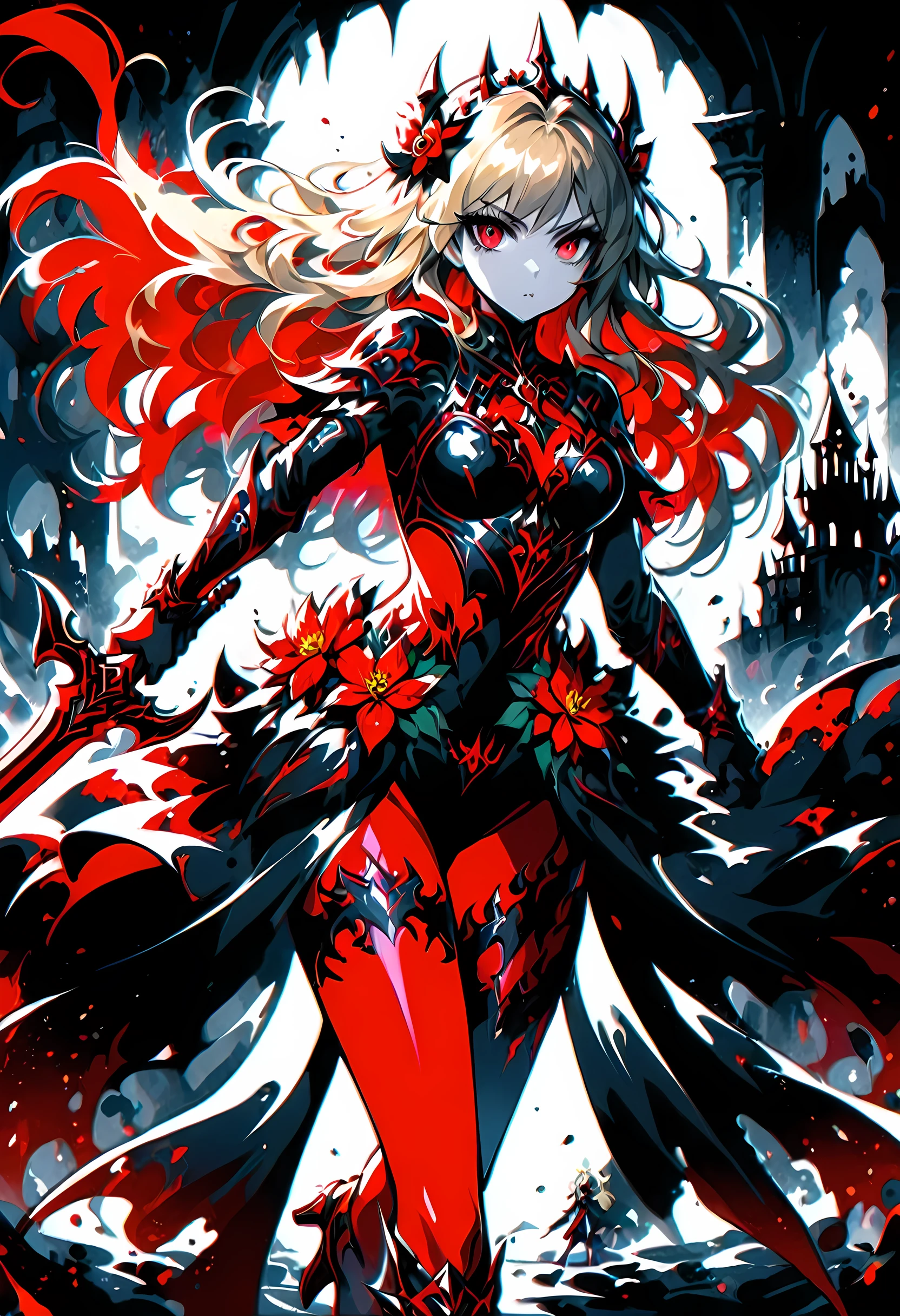modisn disney, Arafed, action shot, Dark fantasy art, fantasy art, goth art, a picture of a female vampire, exquisite beauty, full body shot, dark glamour shot, pale white skin, blond hair, long hair, wavy hair, (glowing grey: 1.3) eyes, she wears a ((red: 1.3)) red tight suit, ArmoredDress, she holds a sword in hand, (ready for battle: 1.4) , ((black: 1.5))roses are imprinted on the suit, high heels, dark castle, dark, black and color, Dark Art Painting Style, flower dress, dark novel, flower dress