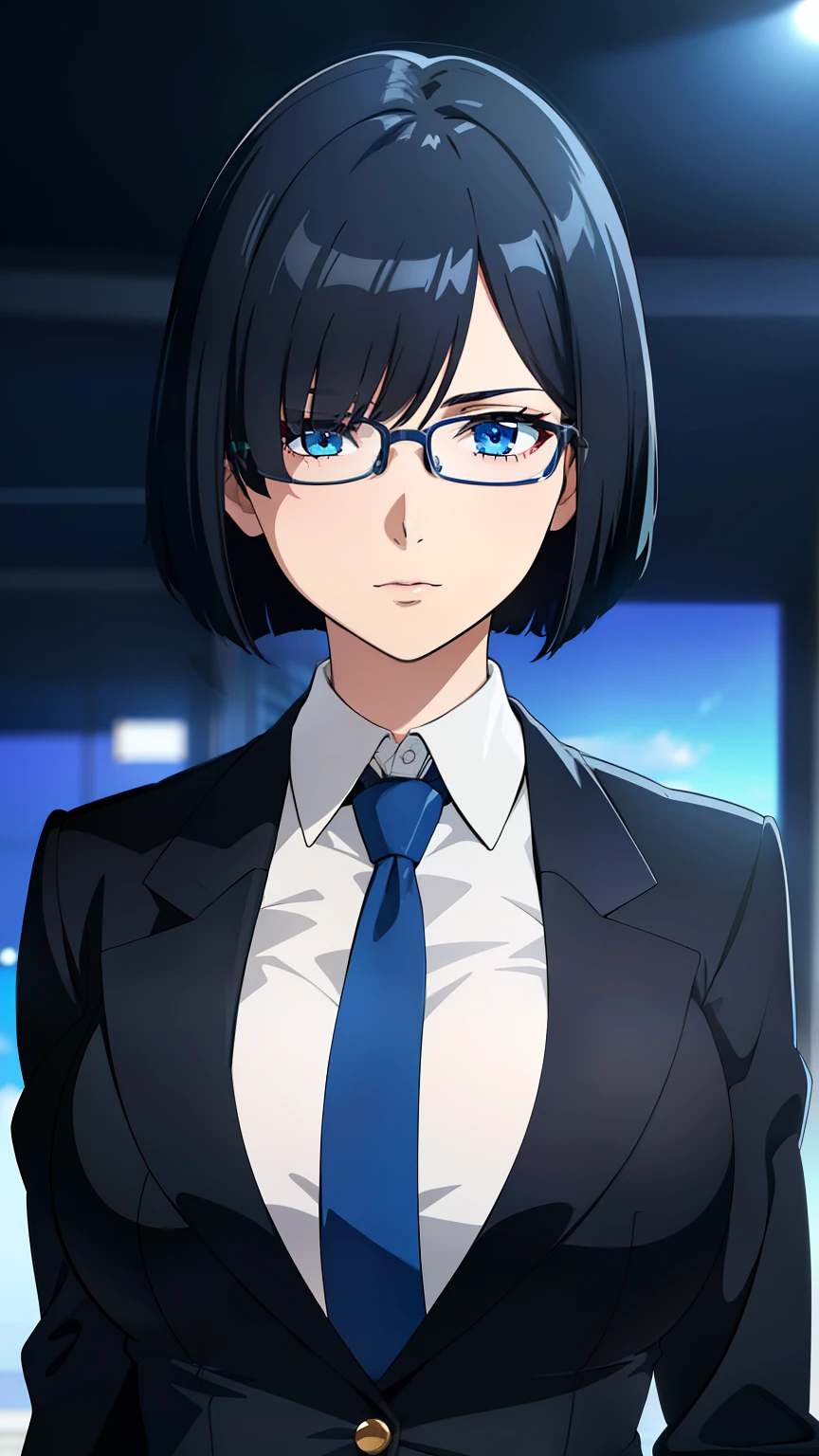 (best quality:1.5, highres, UHD, 4K, detailed eyes, detailed lighting, shaders), black hair, bob cut, hair covering one eye, cool woman, cool girl, sharp eyes, blue eyes, beautiful, large breasts, formal suit, necktie, jacket, with glasses, (pov, close shot)