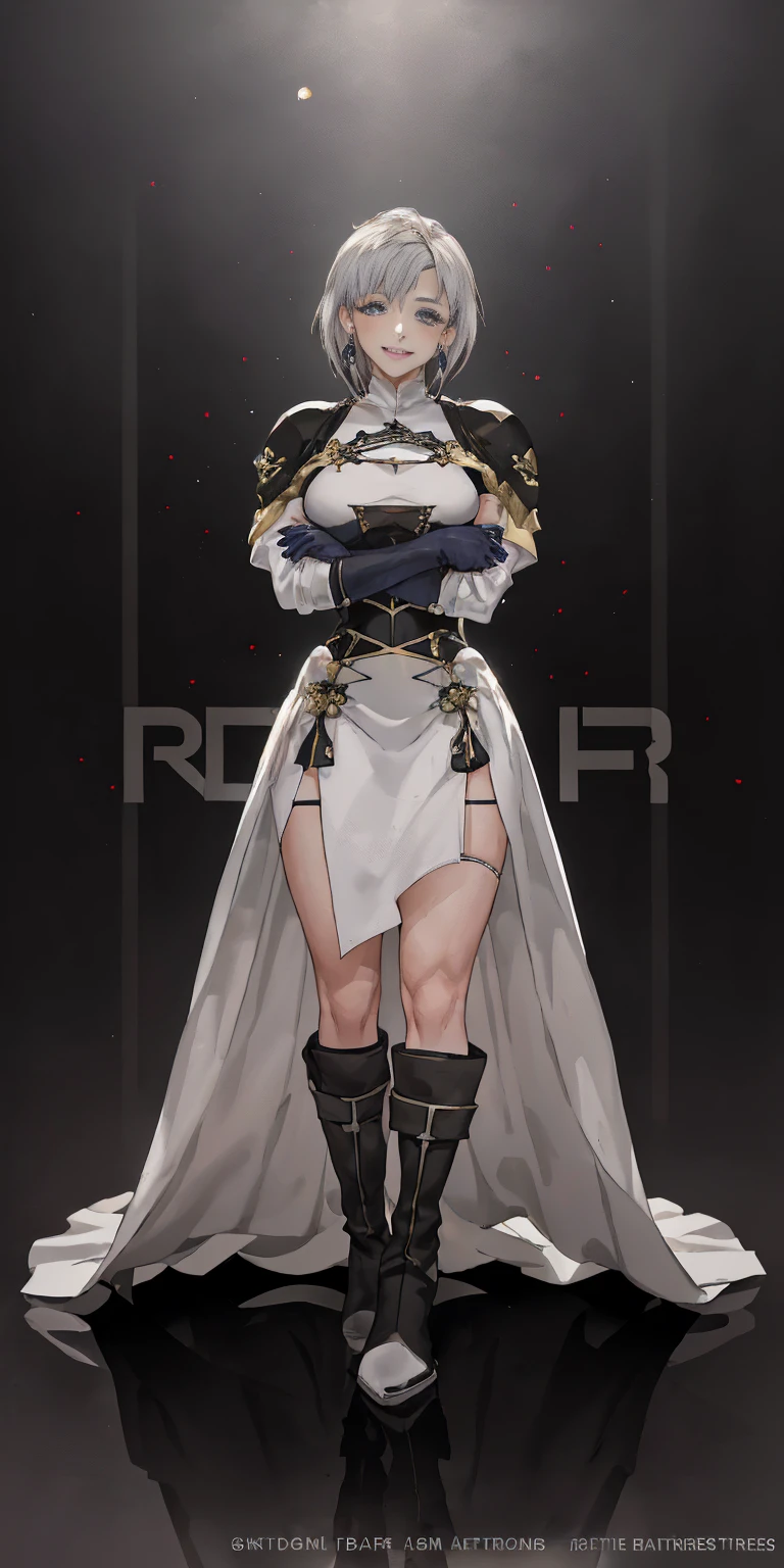 (((1 girl))) short hair, earings ,glossy lips ,team rocket uniform, red letter R, white skirt, white crop top, black thigh-high boots, black elbow gloves, evil smile, looking at viewer, cowboy shot, arms crossed, full body photo Mercedes von Martritz (Fire Emblem: Three Houses)