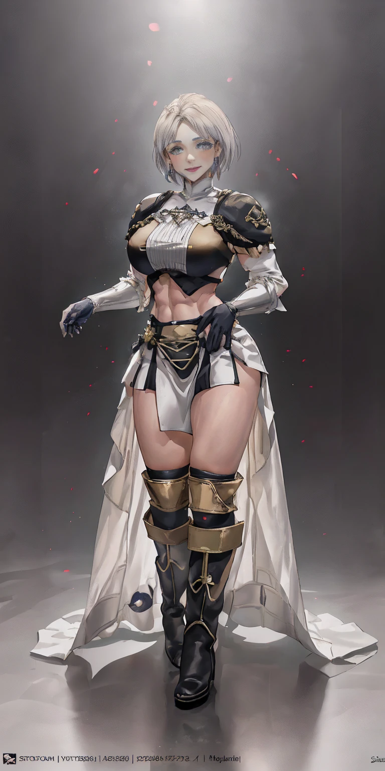 (((1 girl))) short hair, earings ,glossy lips ,team rocket uniform, red letter R, white skirt, white crop top, black thigh-high boots, black elbow gloves, evil smile, looking at viewer, cowboy shot, arms crossed, full body photo Mercedes von Martritz (Fire Emblem: Three Houses)