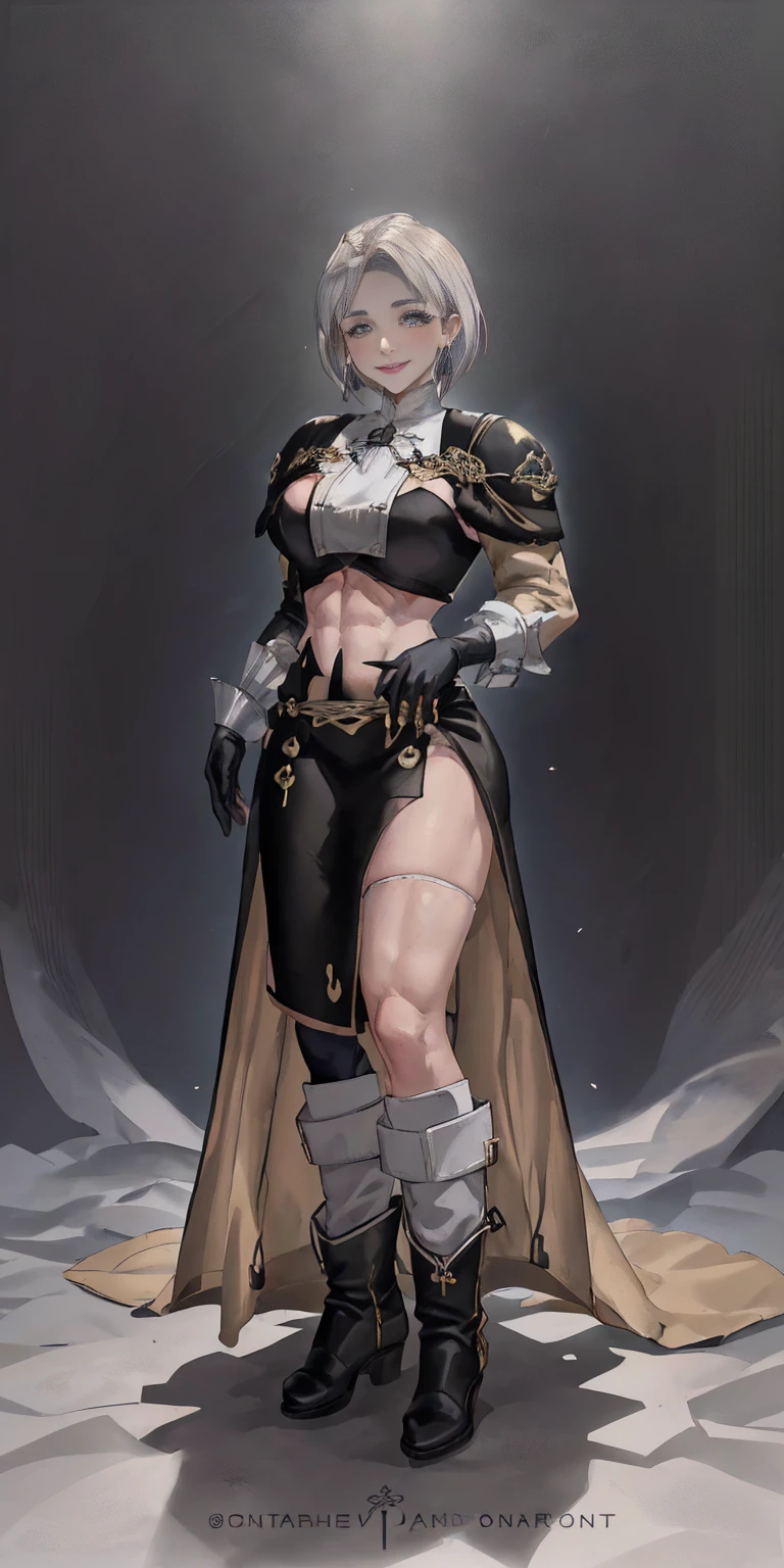 (((1 girl))) short hair, earings ,glossy lips ,team rocket uniform, red letter R, white skirt, white crop top, black thigh-high boots, black elbow gloves, evil smile, looking at viewer, cowboy shot, arms crossed, full body photo Mercedes von Martritz (Fire Emblem: Three Houses)