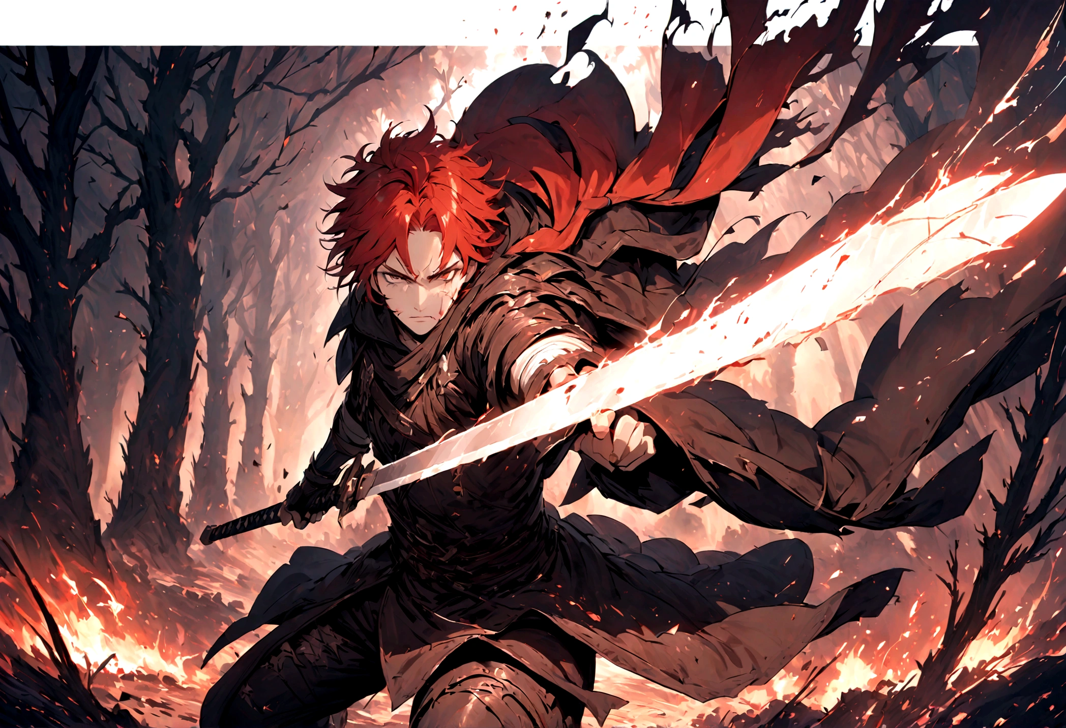 anime-inspired, dark fantasy masterpiece, top-quality, (gothic horror ambiance), (a fearsome warrior), (wild-haired fury), (red-haired adventurer), (short messy red hair), (leather overcoat and gauntlet), (leather bird mask), (sword-wielding), (tense and determined stance), (charging into a dark, cursed forest), (forest filled with sinister shadows and twisted trees), (foreboding atmosphere), (pain and fury etched on his face), (a symphony of fear and war), (an epic tale unfolds).
