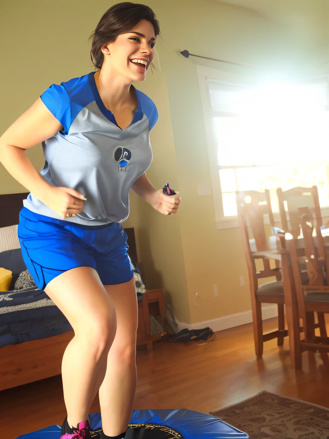 Woman in blue shorts playing video games on a blue trampoline, working out, jumping for joy, she expressing joy, attacking the camera: 4, running towards the camera, jumping, bouncing, in an action pose, fit, very excited, she is dancing, smiling and dancing
The woman is wearing tight blue short shorts and a gray tank top with a blue collar.
A beautiful Brazilian woman, with white skin, dark brown hair. She is around 40 years old, 165 cm tall and weighs 56 kg. Her body exudes glamor and her face is a definition of beauty. Slender body, thin waist. Highly realistic, hyperrealism, very elaborate skin. Clear photo, high resolution, high quality, masterpiece, 16K photo, high contrast, masterpiece, NUDE, NUDITY, NFSW.