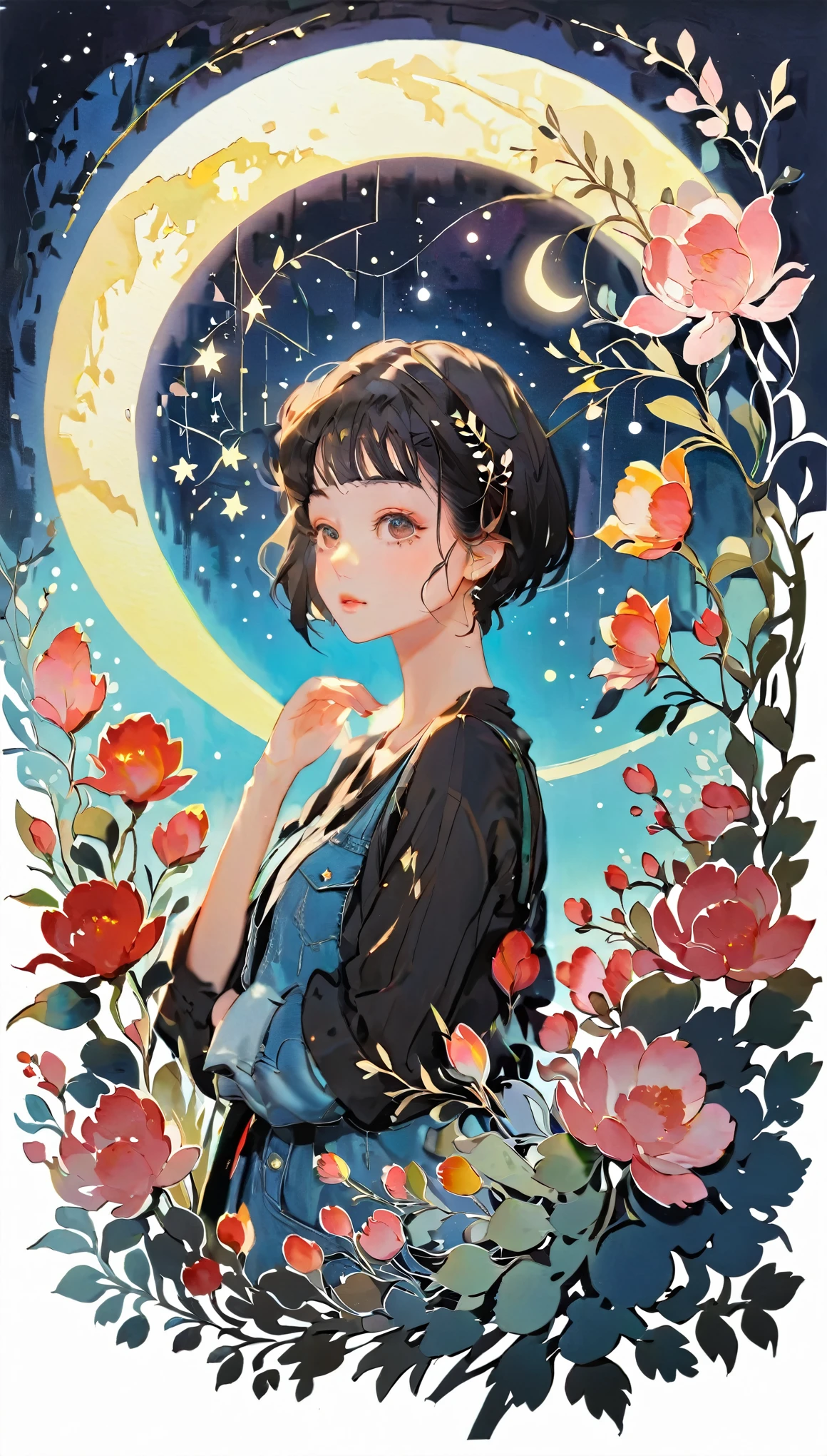 (((paper cutting style))), 1 girl, short black short hair, cap, shirts and denim, portfolio, gazing at a star-filled night sky