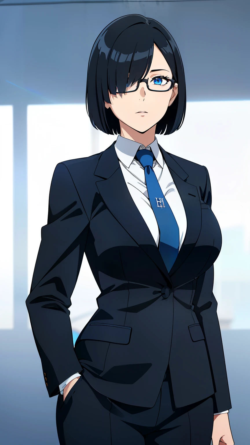 (best quality:1.5, highres, UHD, 4K, detailed eyes, detailed lighting, detailed hair, shaders), black hair, bob cut, hair covering one eye, cool woman, cool girl, sharp eyes, blue eyes, beautiful, large breasts, formal suit, necktie, jacket, with glasses