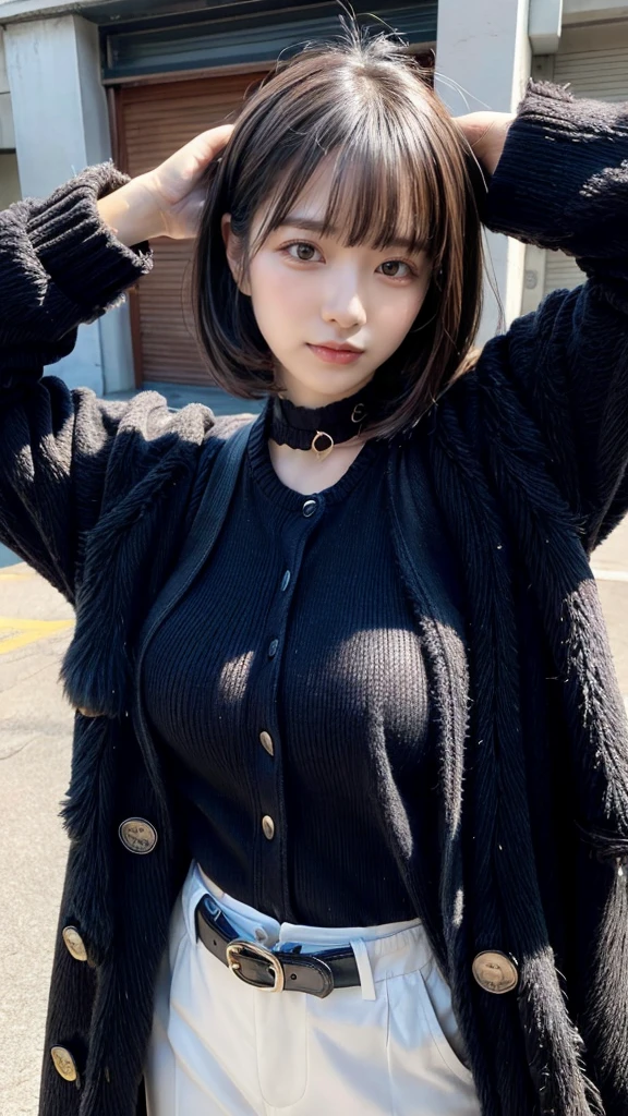 With bangs,Beautiful black hair,Woman with straight medium bob cut,,,21-year-old female,(((No hat))),Aspacarina,((Shy expression)),huge breasts,,Very beautiful eyes, ,(((Wearing a tattered black coat))),(white sweater,choker),(make:1.4),Big eyes,Hip Hop Dancer,Gangster style long pants,8k,High resolution,Gangster style,(head shot:1.5)