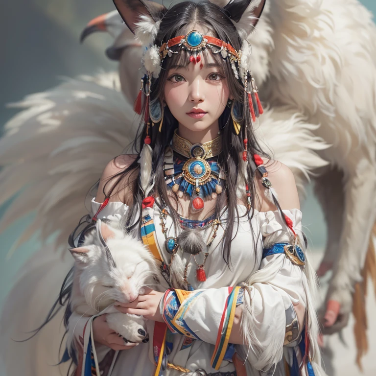 Shirakami-Sanchi、Hair flow、 ((highest quality、masterpiece、8k、Best image quality、Ultra-high resolution、Award-winning works)、(Accurate anatomy:1.1)、(Look at me and smile:1.1)、Shining fair skin with Ultra-high resolution、The most detailed face、Ultra-high resolution detailed face、Ultra-high resolutionの髪の毛、(Ultra-high resolutionの煌めく瞳:1.1)、Beautiful face drawn in every detail、(Blurred Background:1.1)、Native American white costume, American Indian Clothing, Chest to chest, tattoo、A real giant condor next to you。Observe the white wolf