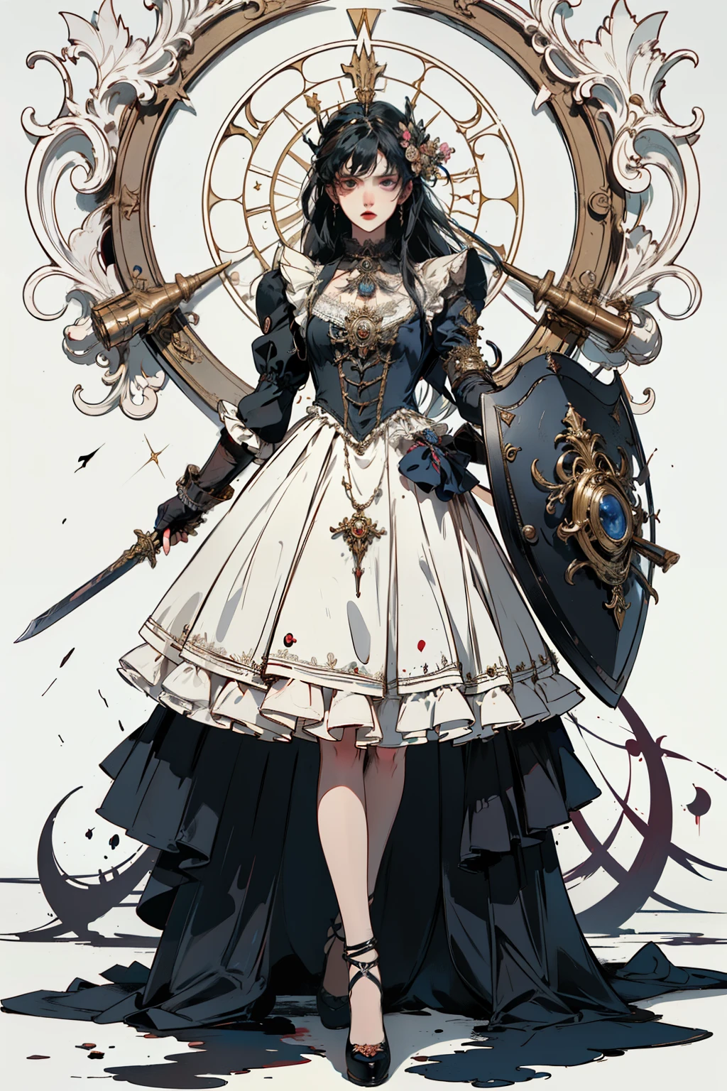 ((best quality)), ((masterpiece)), (detailed), perfect face ((best quality)), ((masterpiece)), (detailed), blank white background, plain background, white background, victorian era inspired floral background, Bloodborne inspired, occult aesthetic, occult, detailed and intricate steampunk and detailed gothic, (zentangle, mandala, tangle, entangle), NSFW, torn clothing, Very dramatic and cinematic lighting, cosmic horror, grim-dark, side-lighting, perfect face, a beautiful goddess adorned and enshrined in armour, Bloodborne inspired , occult aesthetic , occult , detailed and intricate steampunk and detailed gothic , wielding a sword and holding a shield, NSFW, Fluttering lace flared short dress with frilly petticoats, knee length dress, pleated petticoats, dress, petticoats gothic lolita-lighting, gothic lolita aesthbeautiful small breasts, small breull body, wholebody, plain background, white background, blank background, no background, white background NSFW, full body, whole body, head-to-toe