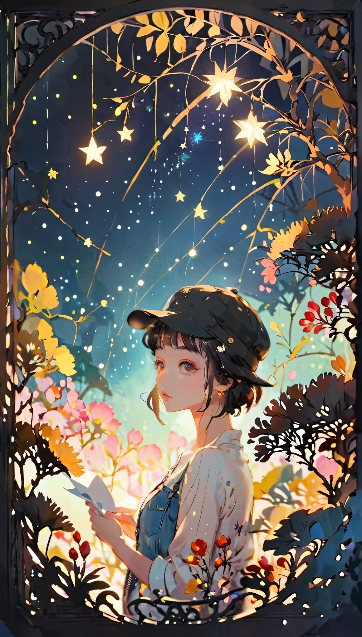 (((paper cutting style))), 1 girl, short black short hair, cap, shirts and denim, portfolio, gazing at a star-filled night sky