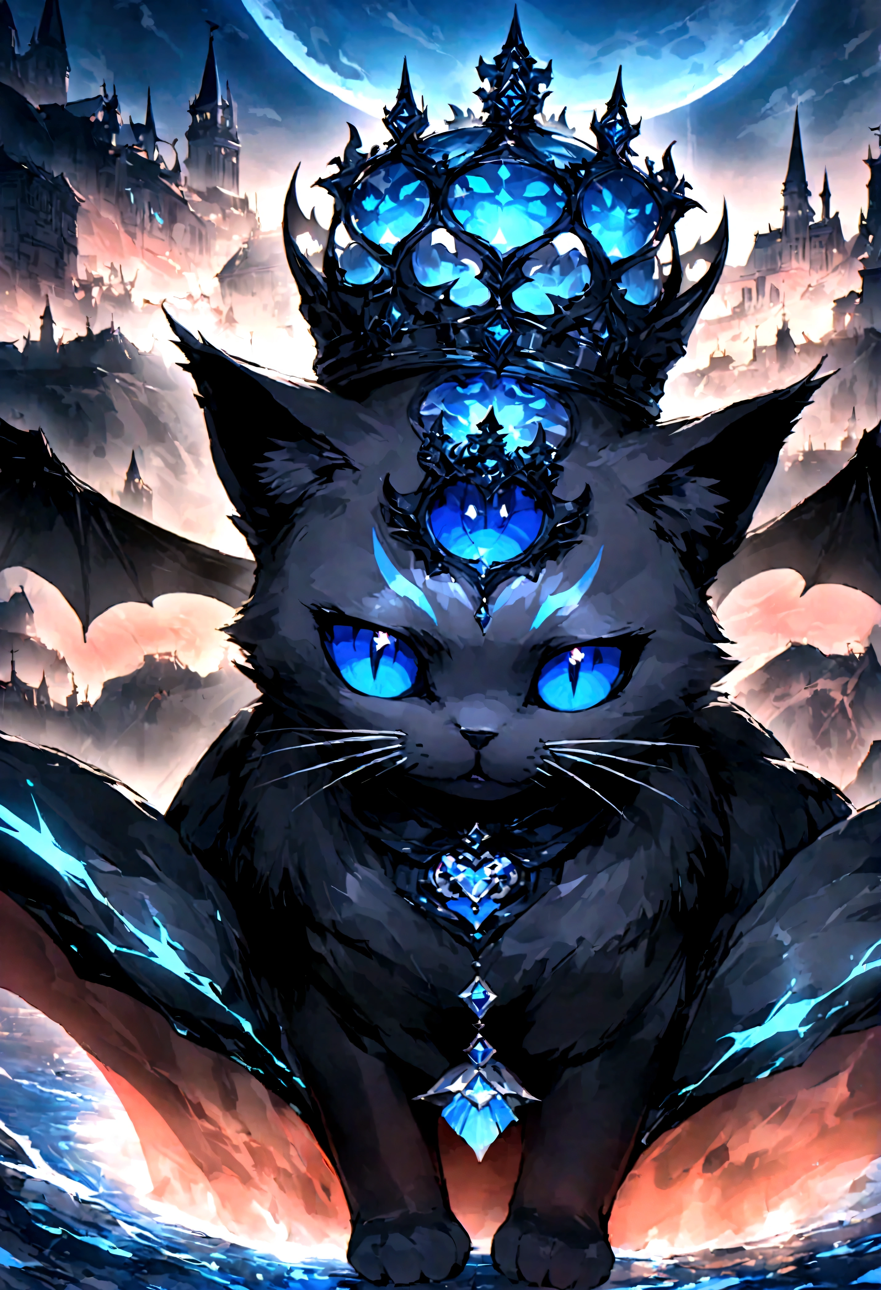 black cat、Beautiful blue eyed cat、Black crown、Black and blue vampire wings、Glare、Rin々Funny face、beautiful、blue Moon、Lots of blue light、Fantasy black cat，Facial close-up enhancement，AmbiLight，The colors are vivid and bright，Black background，haze，Detailed depiction，Rich details，Explosion of imagination，Surreal，Ultra-realistic，masterpiece，8k，Light，Tyndall effect