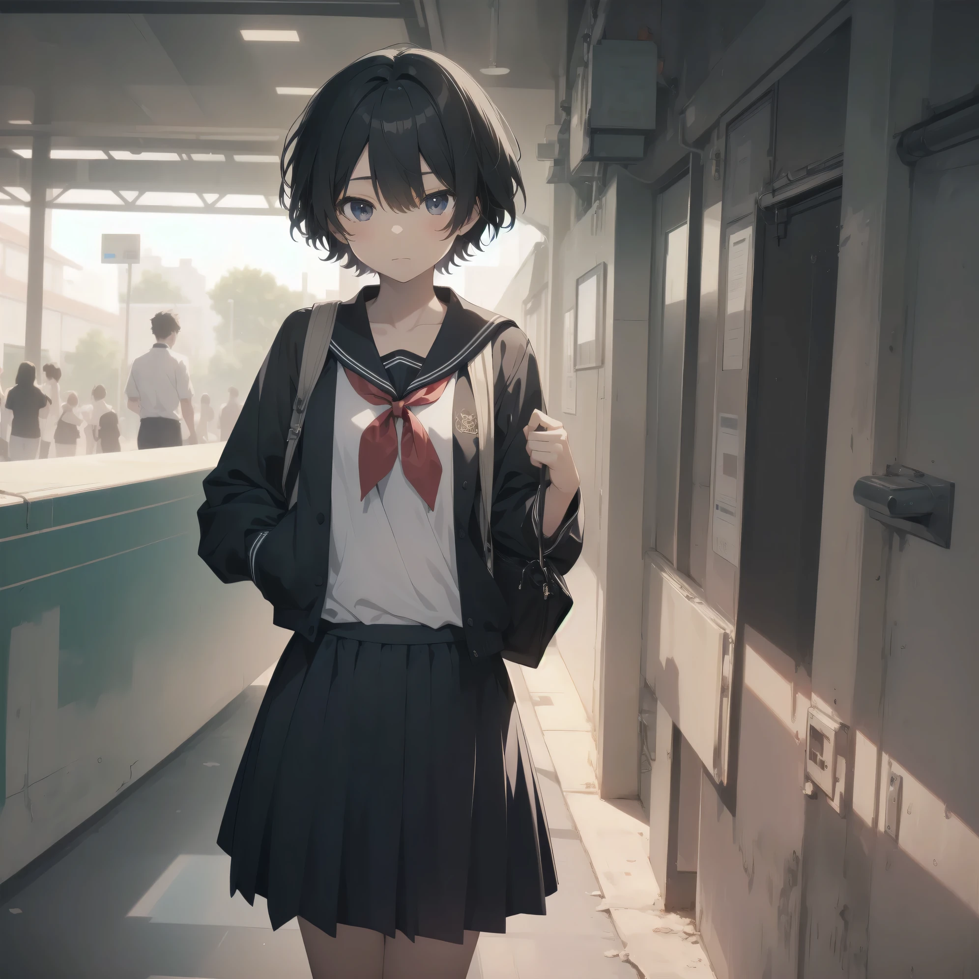 ultra-absurdres-Top quality by artist God, ultra-detailed, high resolution, anime moe artstyle, best anime 8k konachan wallpaper, pixiv contest winner, pool:2810, perfect anatomy,break, 1girl, (Please draw a girl walking sleepily to school alone. )break,(Solo,little female, 13-year-old:1.3),Full limbs, complete fingers,a junior high school student, (very short hair), short cut, flat chest, , small butt, small black eyes, beautiful detailed eyes, well-proportioned iris and pupils, expressive eyes, highres detailed hair, soft expression, salor school_uniform, sailor collar, serahuku, bow, pleated skirt,(Detailed Lighting), (Detailed background), in the School commute route. break,super detailed skin, Best cinematic lighting powered by famous artist, 8k,beauty illustration,photoshop_(medium),very aesthetic,break,((artist:nyantcha )), artist:clamp ,artist:carnelian ,artist:kantoku ,