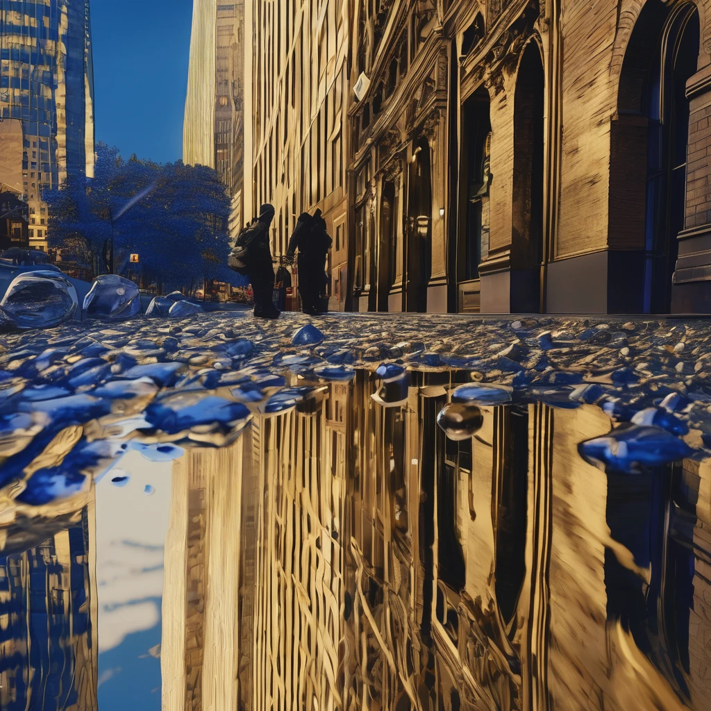 (watce),New York city\(Gold,Diamonds \), BREAK ,backgrownd\(simple gold liquid\(metal\) flood,reflection\),quality\(8k,wallpaper of extremely detailed CG unit, masterpiece,hight resolution,top-quality,top-quality real texture skin,hyper realisitic,increase the resolution,RAW photos,best qualtiy,highly detailed,the wallpaper\),,dynamic angle,anime style,reflection, masterpiece, Bevelededges, shadows, glowing cobalt blue, Cobblestone roads