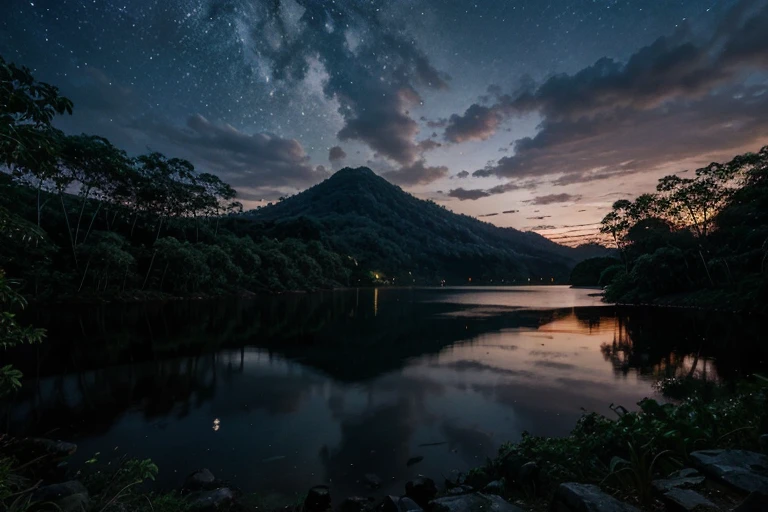 Night moonlight lake surrounded by dense forest in Philippines