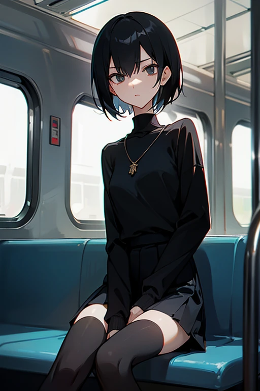 Flip out cut、beautiful girl、Short black hair、Black high neck waffle knit top、short Skirt、Black Stockings、necklace、sitting in a train seat、slender、Slender、Subtle details