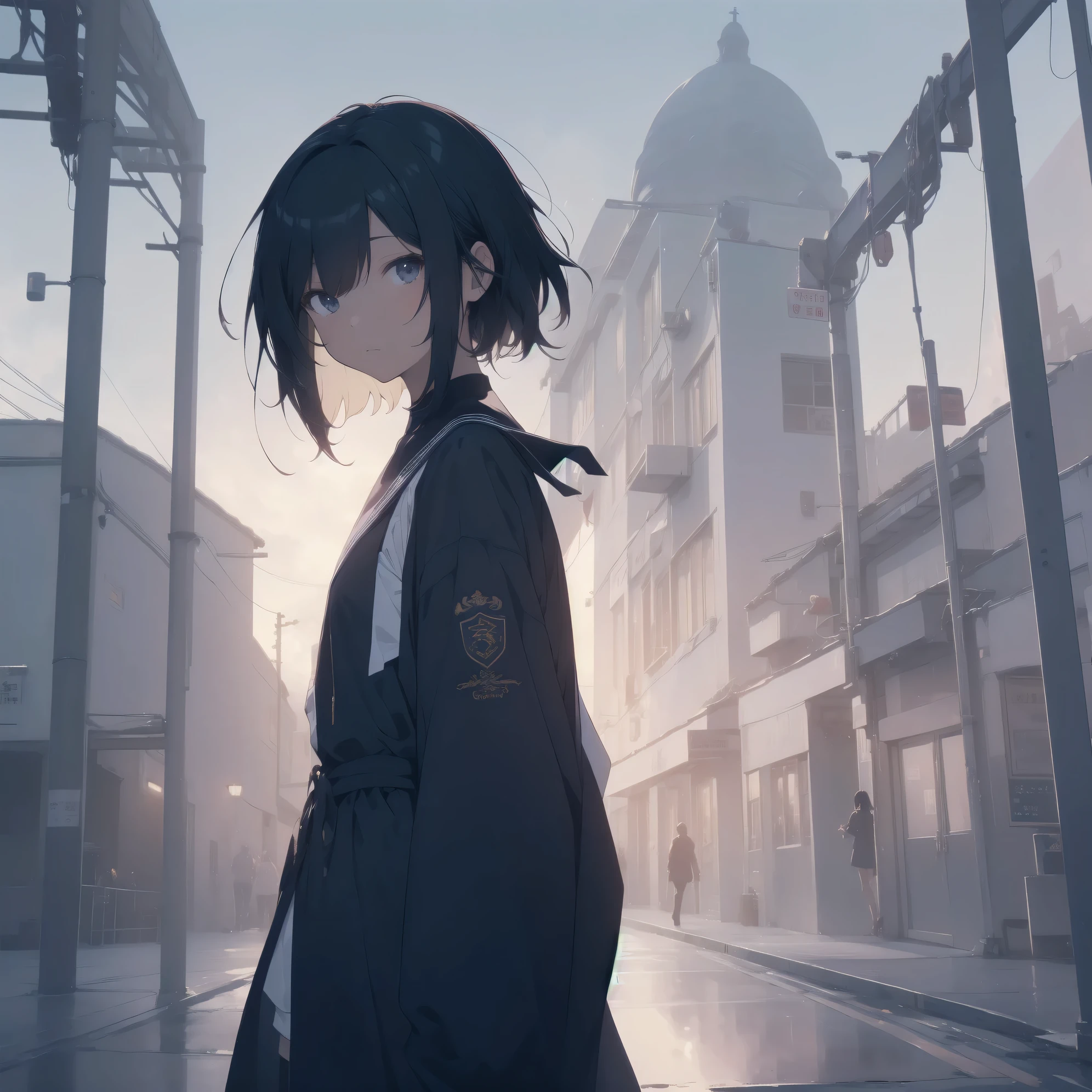 ultra-absurdres-Top quality by artist God, ultra-detailed, high resolution, anime moe artstyle, best anime 8k konachan wallpaper, pixiv contest winner, pool:2810, perfect anatomy,break, 1girl, (Please draw a girl walking sleepily to school alone. )break,(Solo,little female,13-year-old:1.3),Full limbs, complete fingers, a junior high school student, androgynous charm, (very short hair), flat chest,slender body, Small butt, groin, small black eyes, beautiful detailed eyes, well-proportioned iris and pupils, expressive eyes, highres detailed hair, soft expression, salor school_uniform, sailor collar, serahuku, bow, pleated skirt,(Detailed Lighting), (Detailed background), in the School commute route. break,super detailed skin, Best cinematic lighting powered by famous artist, 8k,beauty illustration,photoshop_(medium),very aesthetic,break,((artist:nyantcha )), artist:clamp ,artist:carnelian ,artist:kantoku ,