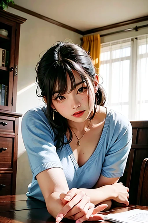 A woman&#39;s breasts in home clothes)))Breast sagging、Low-cut(((Cleavage )))、(((Wide hips,)))(((Hourglass figure)))((Long legs)),Standing at the kitchen table, Leaning forward, Her head is 45 degrees, look up, Her mouth is slightly open.