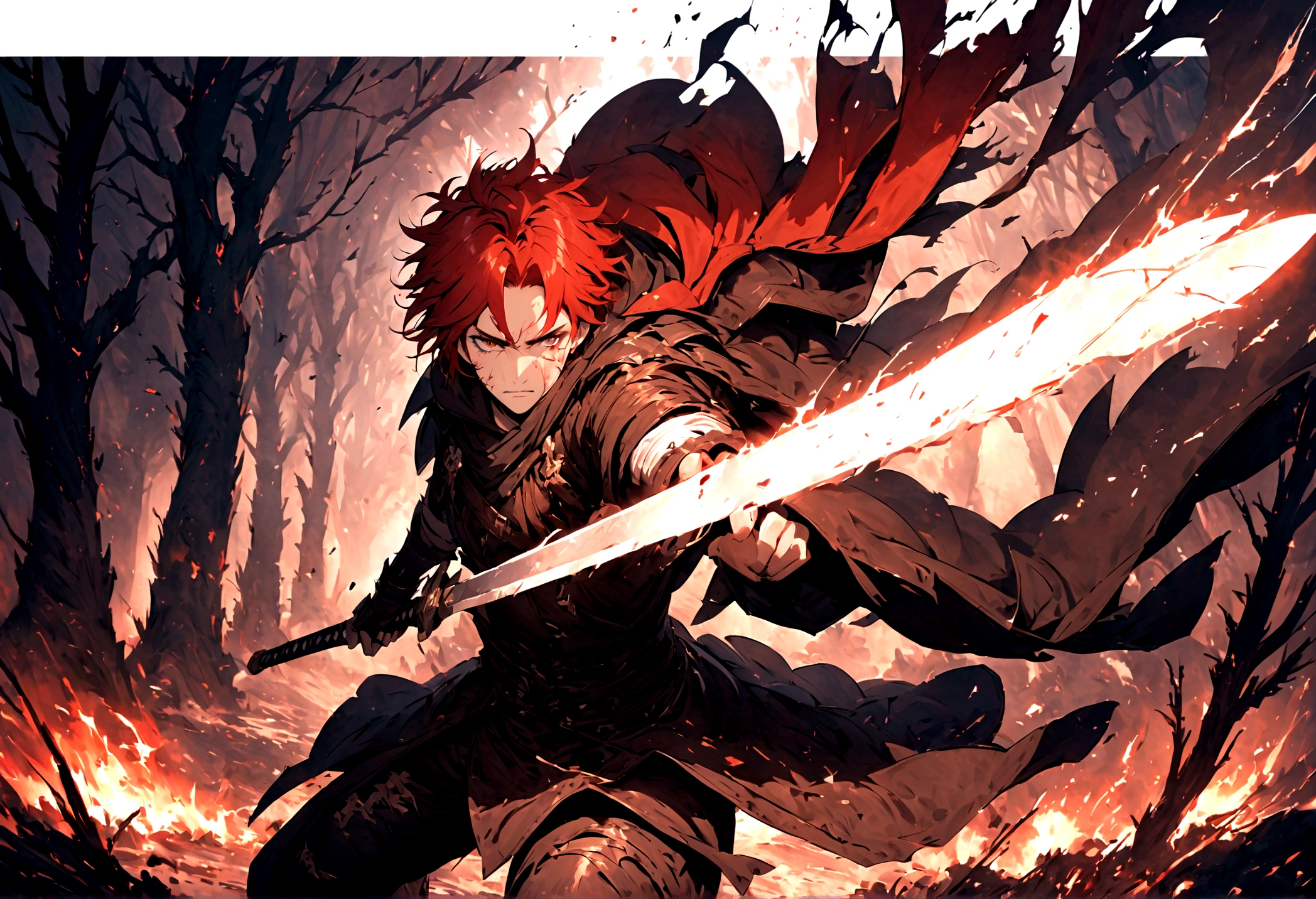 anime-inspired, dark fantasy masterpiece, top-quality, (gothic horror ambiance), (a fearsome warrior), (wild-haired fury), (red-haired adventurer), (short messy red hair), (leather overcoat and gauntlet), (leather bird mask), (sword-wielding), (tense and determined stance), (charging into a dark, cursed forest), (forest filled with sinister shadows and twisted trees), (foreboding atmosphere), (pain and fury etched on his face), (a symphony of fear and war), (an epic tale unfolds).