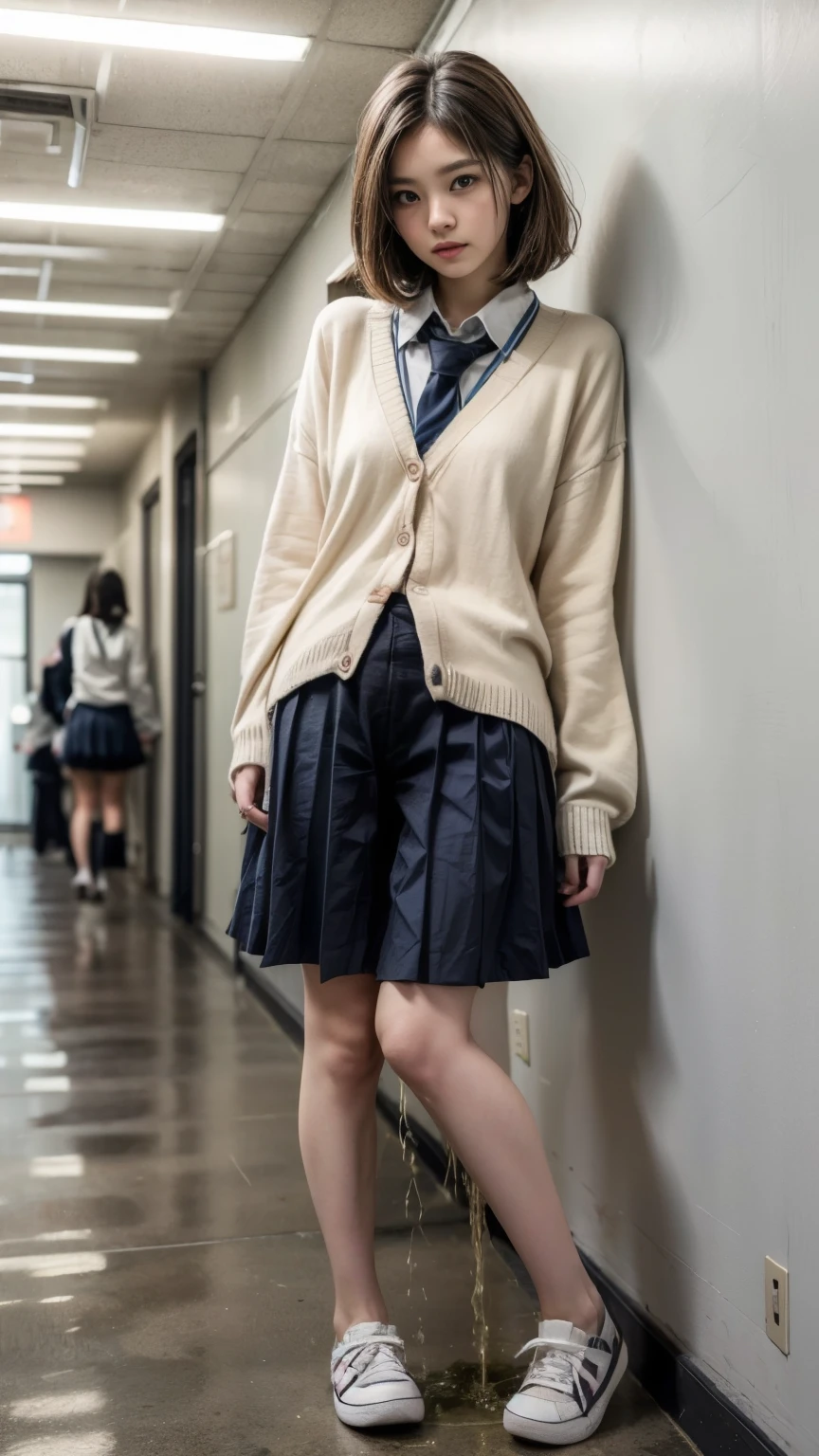 (realistic, photo-realistic:1.4),(best quality,masterpiece),RAW photo, high resolution, intricate details, finely detailed, incredibly detailed, extremely detailed, cinematic lighting, (full body, frontal photography:1.5), couple, two girls, a Japanese female standing, leaning against the wall outside classroom, smaller face, thin, slim, slender, thin legs, (cardigan, skirt, wearing a tokiwadai school uniform:1.4), dark hair, (bowl cut hair:1.2), detailed face, beautiful detailed eyes, pale skin,
(peeing self,urination:1.4), (desperation,humiliation,embarrassed,ashamed), desperate for peeing, wetting her clothes, pee running down her legs, pee desperation pose, pee desperate face, big pee puddle,
photo background, indoors, hallway,