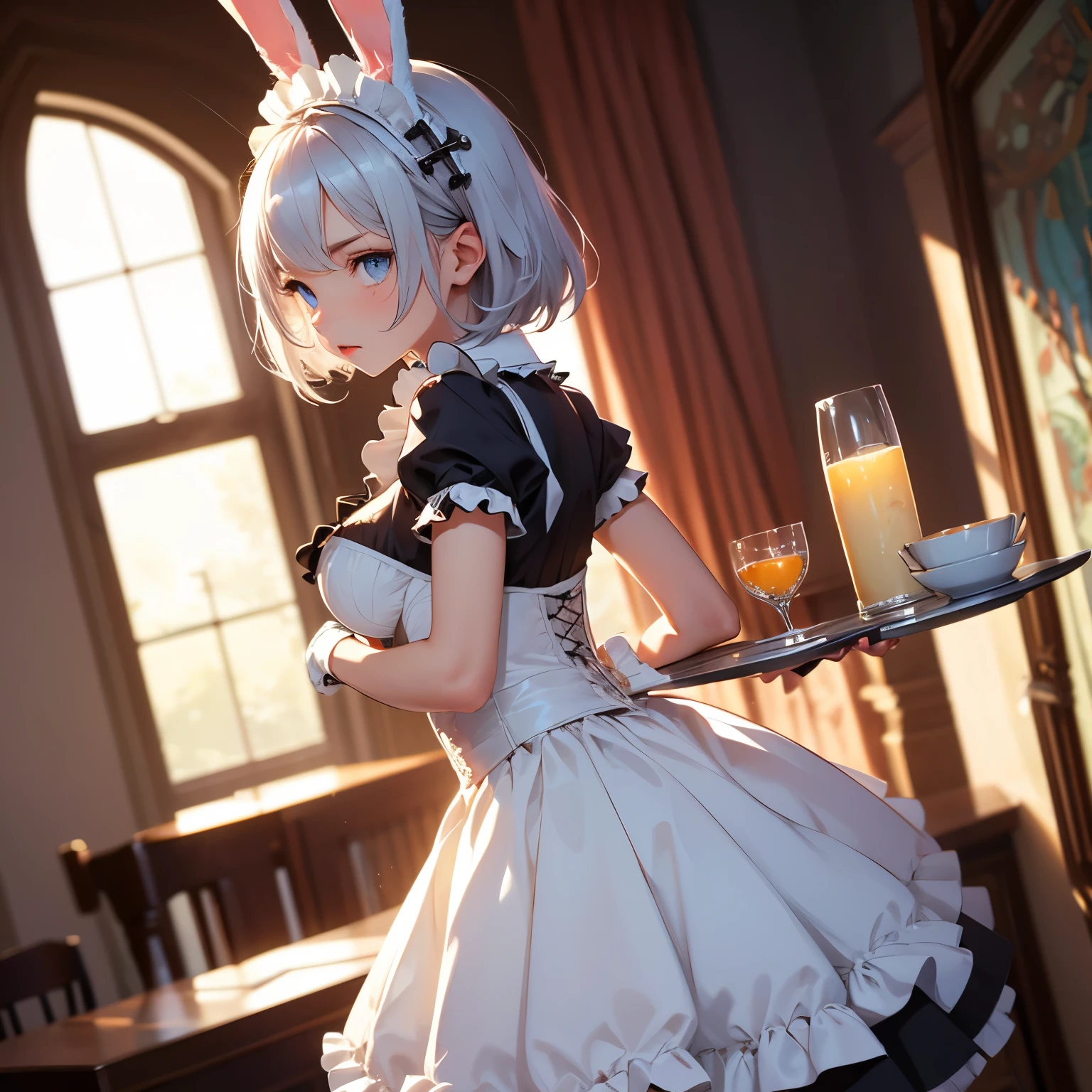 Silver hair, blue eyes, Short hair, Silver bunny ears, masterpiece,Top image quality,hight resolution,imagem 4k,Raw photo, {{{official art}}}, {{solo}}, {Adult}hair strand}, {{medium breasts}}, {Solo}, maid headdress, maid, frilled dress, from side,, thighhighs, bowtie, bell, corset, gloves, holding tray, blurry background, indoors , serious looks, cross hair ornament