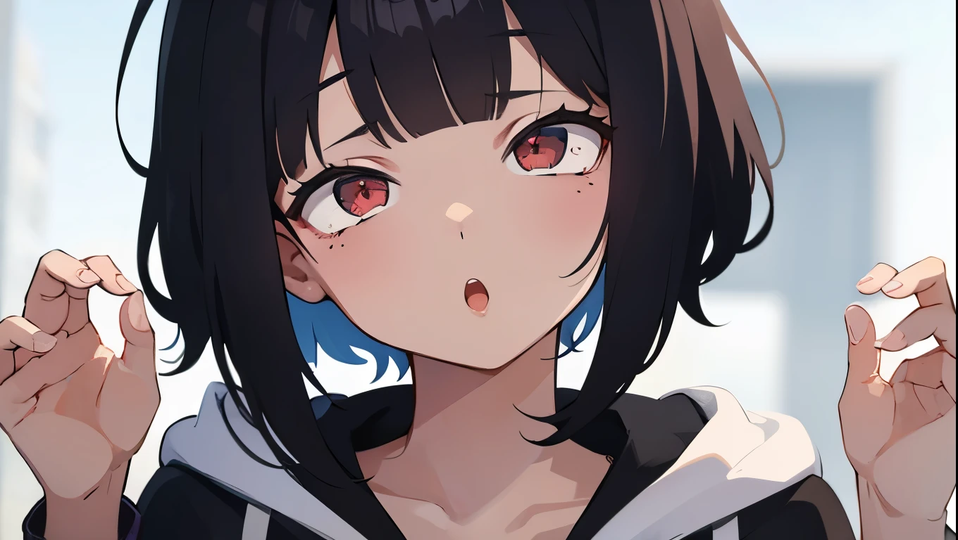 iPhone、One Girl、Look up、Looking at the iPhone、high school girl、Zip-up tracksuit、anime、hoodie、Black Hair、Blunt bangs、Drunk Eyes、Sailor suit、Red eyes、Bobcut、Two-tone hair、 High resolution, 1 girl, Korean, Small mole under eye,Droopy eyes、