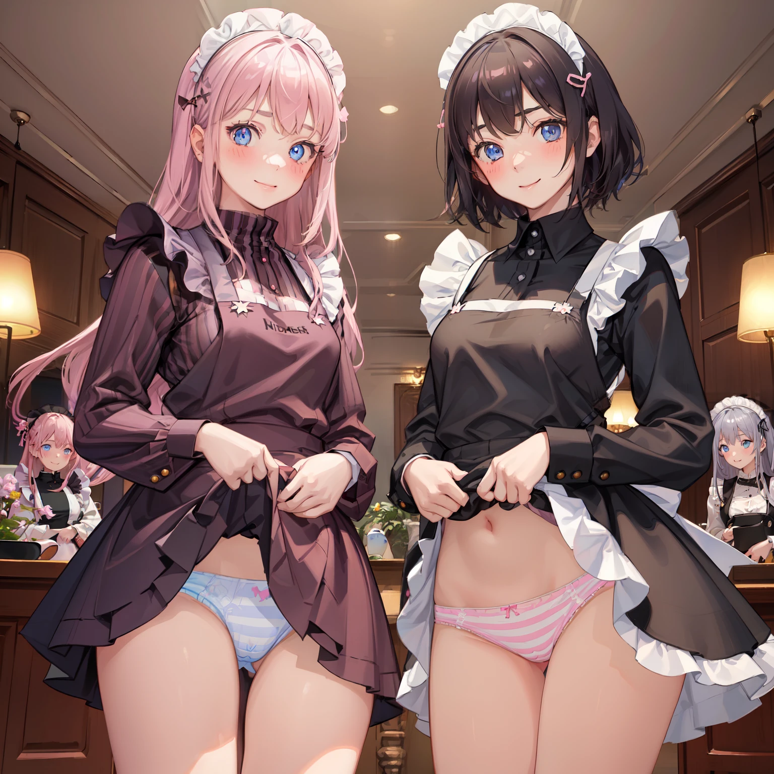 highest quality, masterpiece,((ars old:)),  ((2 girls:1.5)), ((smile:1.3)), (blush:1.3), Black Shirt, blouse, ((fun!!)), (Small breasts), Blonde, (Long sleeve), ((White apron:1.5)), ((Maid)), ((hair ornaments)), Kamimei, look at me, ((in house:1.5)), Taking a break from watching the audience, Cowboy Shot, (skirtlift:1.3), (Highly detailed pink striped panties:1.3), (Highly detailed panties:1.3), (skirt that rolls up:1.3), (Panties fully exposed:1.5), Light blue eyes, long hair, Glowing Eyes