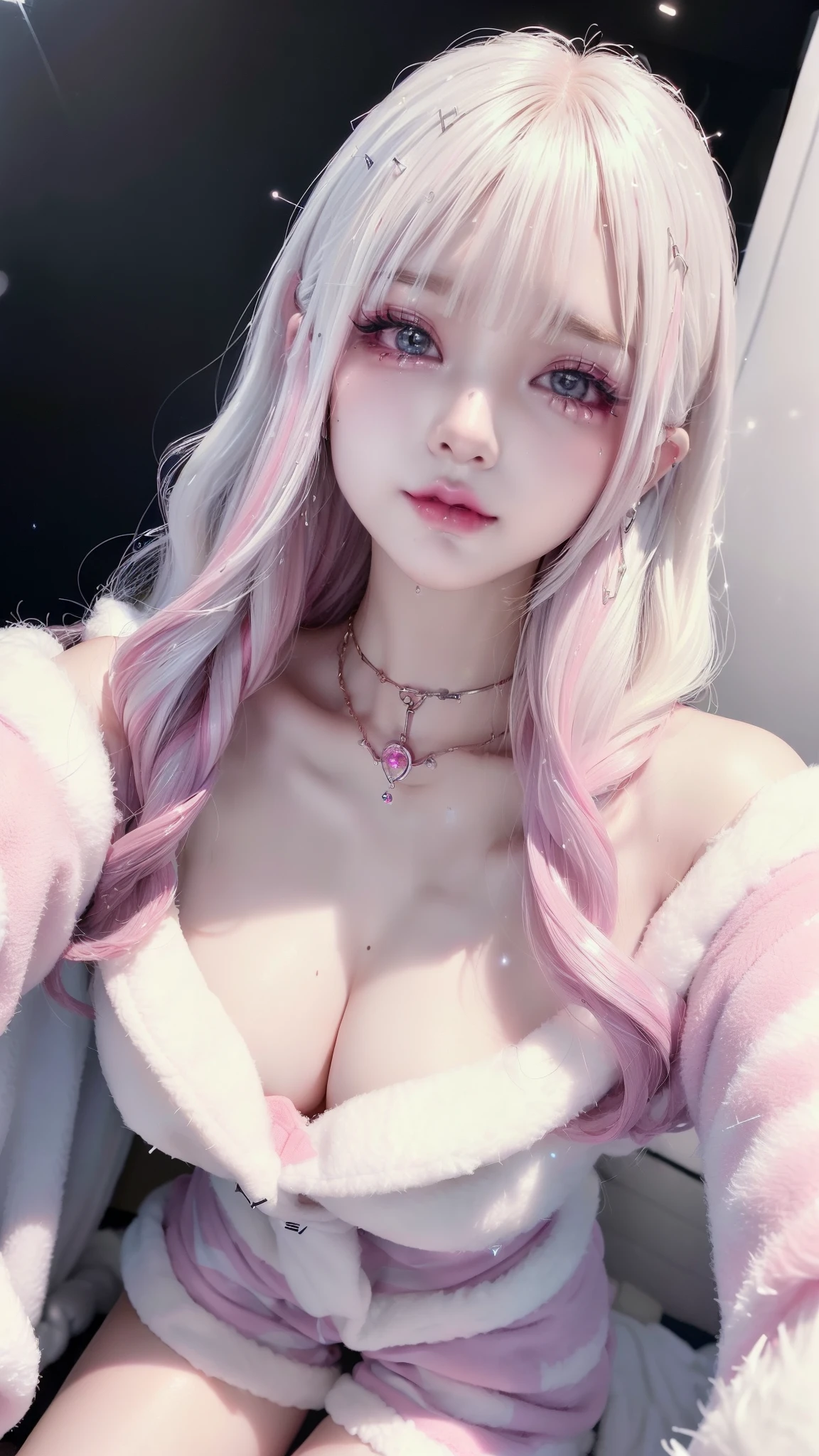 (Safety Sensor、sfw:1.8, Approved as safe、Can be viewed:1.8),masterpiece、masterpiece、highest quality、highest quality、Accurate the human body、Lighting to suit the mood、Accurate、Elaborate、masterpiece、Exquisite facial detail、Detailed Background、Background Blur、Detailed and beautiful background、Accurate 5-finger、Accurate human body、The perfect human body、
break、
Lots of ear piercings,Big cleavage、slim, (kind, Goddess-like eyes, happiness: 1.2), (Lip gloss, eyelash, Terrible face, Wide Lighting, Natural Shading), (jirai girl:1.5, jirai makeup:1.3, Sparkling glitter eye makeup:1.2), Ecstatic Face、(Sensual ecstatic smile:1.5)、Long straight black hair、Heavy bangs、
break、
((((All of these pajamas are made from super fluffy fleece material.:1.8, zetai ryoiki, All of these pajamas are made from super fluffy fleece material:1.8, Mini shorts:1.3, Thick white & pink horizontal stripes)))),
break、
Sexy sitting on the bed、(Big Breasts),Dark bedroom:1.8、Japanese Love Hotel:1.8、Bold Pose、Sexy、Sensually、(Dim lighting:1.8, Dark Room:1.8)