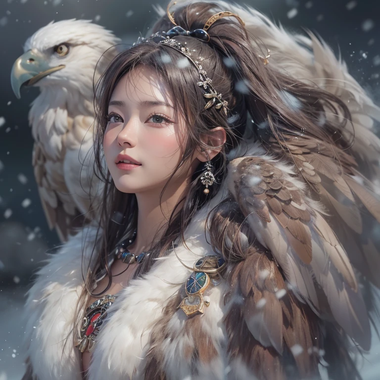Hiding in the snowy mountains、Hair flow、 ((highest quality、masterpiece、8k、Best image quality、Ultra-high resolution、Award-winning works)、(Accurate ???????:1.1)、(Look at me and smile:1.1)、Shining fair skin with Ultra-high resolution、The most detailed face、Ultra-high resolution detailed face、Ultra-high resolutionの髪の毛、(Ultra-high resolutionの煌めく瞳:1.1)、Beautiful face drawn in every detail、(Blurred Background:1.1)、Ancient Inuit clothing, Chest to chest, tattoo, Old ruins in the background、Apart from the real giant eagle