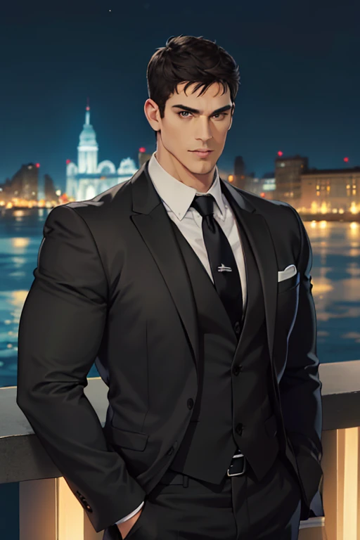 (Absurd, High resolution, Super detailed, Realistic, ), 1 male, alone, Adult, mature, Tall and muscular man, Broad shoulders, good looking, Very short hair, Black Hair, Brown eyes, Square jaw, Thick neck, Thick eyebrows, night, dark, the night view of the city background, Formal suit, tie, Upper Body