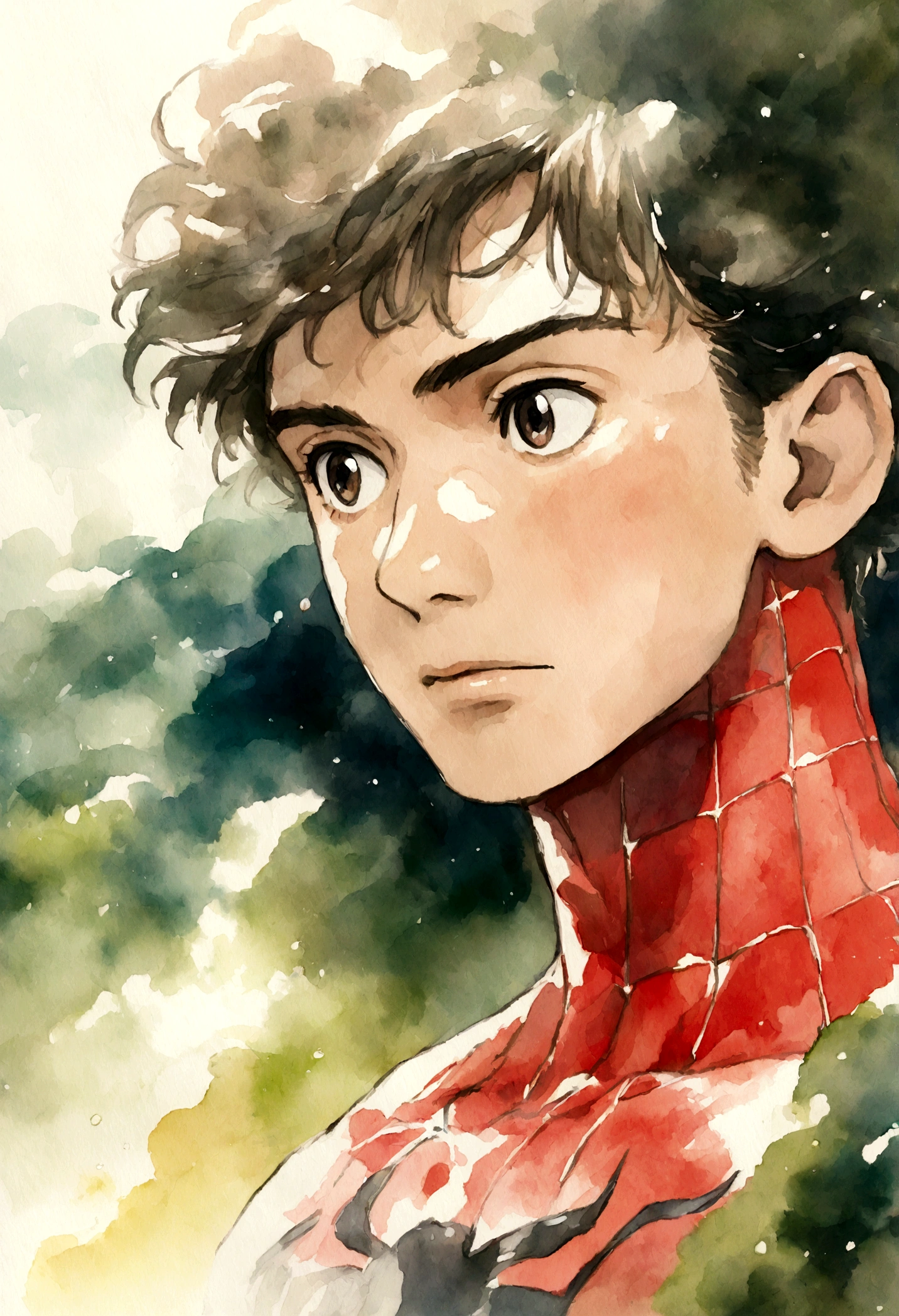 ghibli spiderman, portrait, crisp details, water colour