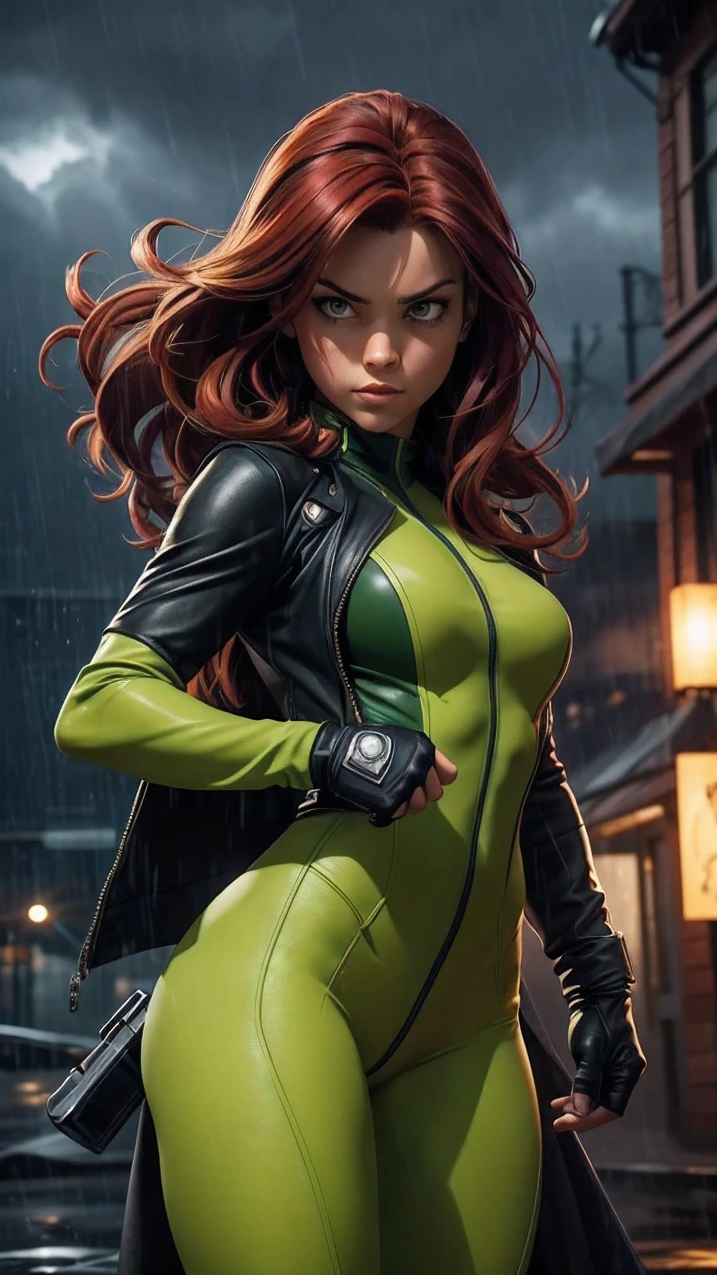 Character: Rogue from X-Men Style: In the character's original comic style, with homage to the original design. Description: - Pose: Flying in a heroic pose, with her right fist extended forward and her left fist bent, as if ready to attack or defend. - Costume: The costume is crucial, showcasing a light green bodysuit with yellow accents, adhering faithfully to Rogue's iconic look. It should fit snugly and completely cover her body, leaving no skin exposed. The suit's green color represents her association with nature and her mutant abilities, while the yellow details add contrast and visual interest. Over the bodysuit, she wears a brown aviator-style leather jacket, adding a touch of ruggedness and individuality to her ensemble. - Hair: Rogue's hair is a defining feature, with long red locks and a distinctive white streak in the bangs. This detail is essential to capturing her iconic appearance from the comics. - Expression: Her expression should convey confidence, determination, and strength, reflecting her character's resilience and courage. Her gaze is focused and intense, indicating her readiness for action. - Environment: The scene is set against a nighttime sky, with dark clouds and rain adding drama and atmosphere. The raindrops should be rendered realistically, adding depth to the scene and enhancing the overall mood. - Lighting and Effects: The lighting should be atmospheric, with subtle highlights and shadows adding depth and dimension to the illustration. The rain and night sky should be rendered realistically, with water droplets and light reflections enhancing the overall mood and atmosphere of the scene.