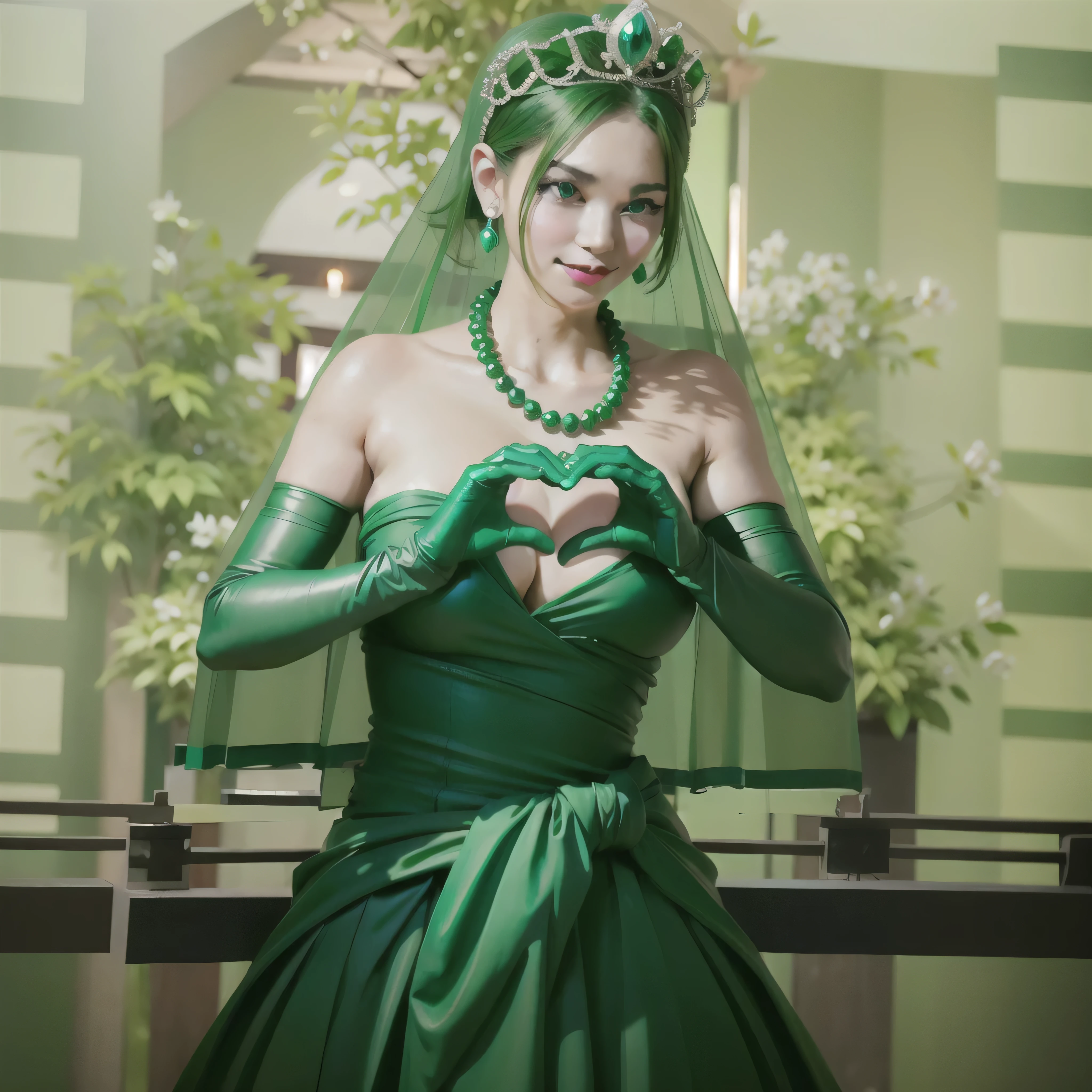 Emerald tiara, Green Pearl Necklace, Boyish very short green hair, Green Lips, Smiling Japanese woman, Very short hair, Busty beautiful lady, Green Eyes, Green satin long gloves, Green Eyes, Emerald Earrings, Green veil, Heart with both hands, Green Hair, Beautiful Japanese Women, Heart shaped hands:1.3, green lip gloss