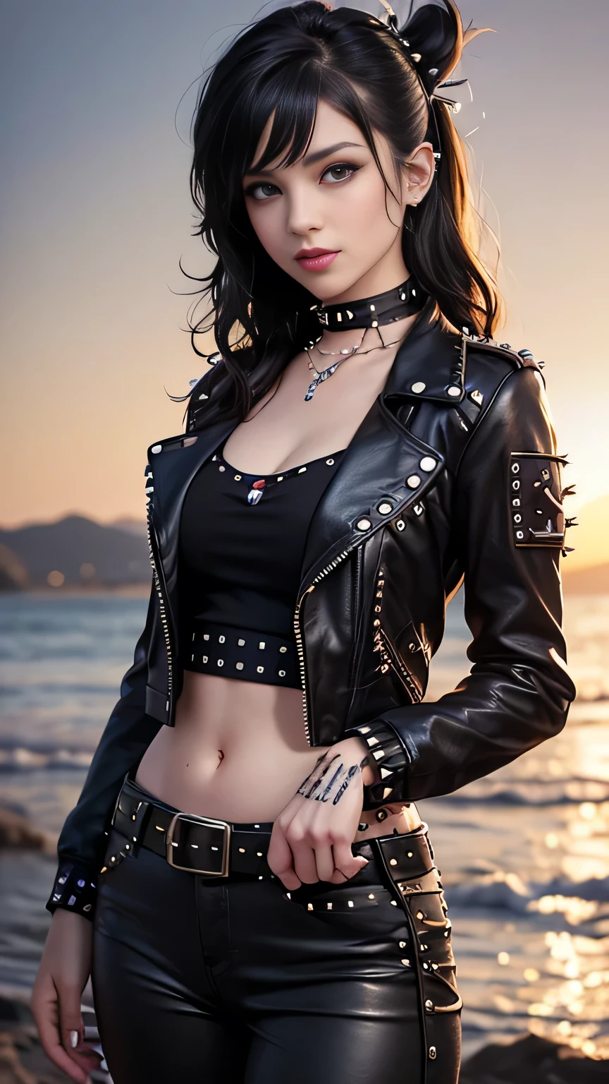 masterpiece:1.2, highest quality, (realistic, photorealistic:1.4), beautiful illustrations, (natural side lighting, movie lighting), looking at the viewer, Upper body, (Front view), 1 girl, perfect face, Cute symmetrical face, shiny skin, baby , long eyelash, (medium breasts:0.3), (wide hips),beautiful hair, beautiful face, detailed and beautiful eyes, beautiful body, beautiful breasts, beautiful thighs, beautiful feet, beautiful fingers,(beautiful scenery),(cute smile:1.2, upper eye),Beautiful girl, curly long dark hair, hair band ribbon, (punk rock style: 1.5), punk rock jacket, stud pin jacket, belt choker, stud pin bracelet, (leather pants), sexy,