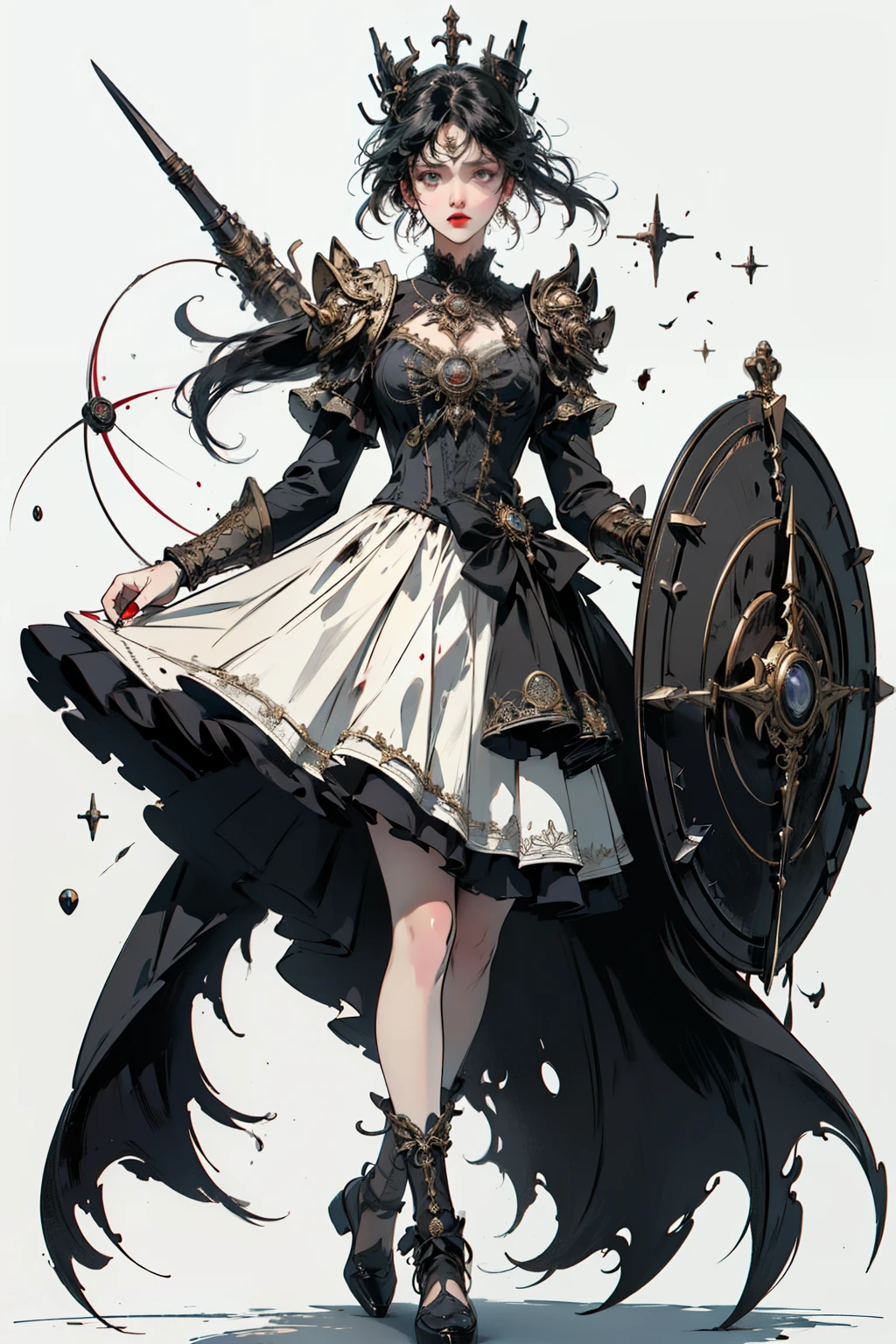 ((best quality)), ((masterpiece)), (detailed), perfect face ((best quality)), ((masterpiece)), (detailed), blank white background, plain background, white background, Bloodborne inspired, occult aesthetic, occult, detailed and intricate steampunk and detailed gothic, (zentangle, mandala, tangle, entangle), NSFW, torn clothing, Very dramatic and cinematic lighting, cosmic horror, grim-dark, side-lighting, perfect face, a beautiful goddess adorned and enshrined in armour, Bloodborne inspired , occult aesthetic , occult , detailed and intricate steampunk and detailed gothic , wielding a sword and holding a shield, NSFW, Fluttering lace flared short dress with frilly petticoats, knee length dress, pleated petticoats, ta dress, petticoats gothic loliside-lighting, gothic lolita aetic, beautiful small breasts, small breasts, full body, whole body, body, plain background, white background, blank background, no background, white background NSFW, full body, whole body, head-to-toe