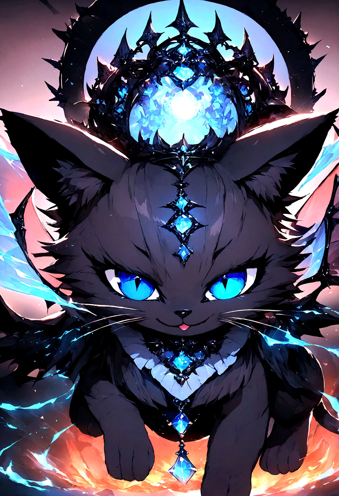 black cat、Beautiful blue eyed cat、Black crown、Black and blue vampire wings、Glare、Rin々Funny face、beautiful、blue Moon、Lots of blue light、Fantasy black cat,Facial close-up enhancement,AmbiLight,The colors are vivid and bright,Black background,haze,Detailed depiction,Rich details,Explosion of imagination,Surreal,Ultra-realistic,masterpiece,8k,Light,Tyndall effect