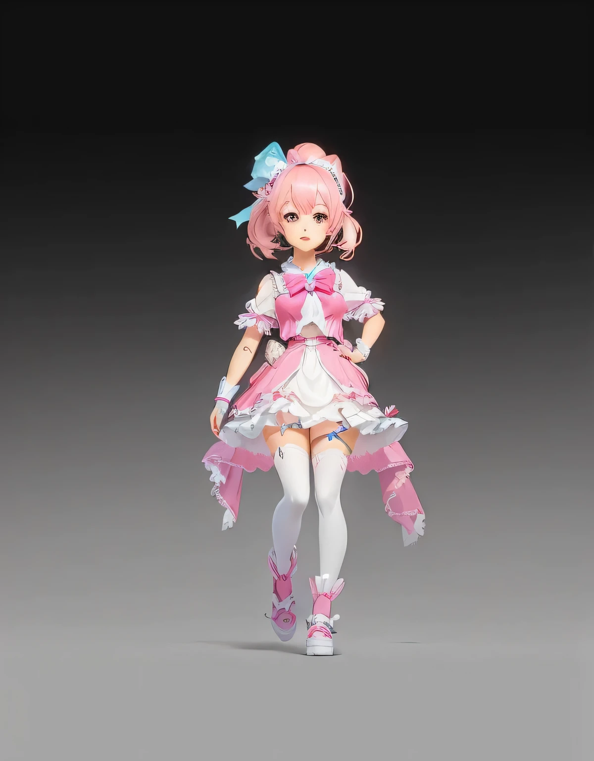 Wearing a pink dress and white top、Anime girl wearing blue bow, April Rendering, Sayori, Rendering a cute 3D anime girl, , very detailed character, ( ( Character Concept Art ) ), Official Character Art, stylized anime, Pink ponytail hair and cyan eyes, Sakura Kinomoto, splash art anime